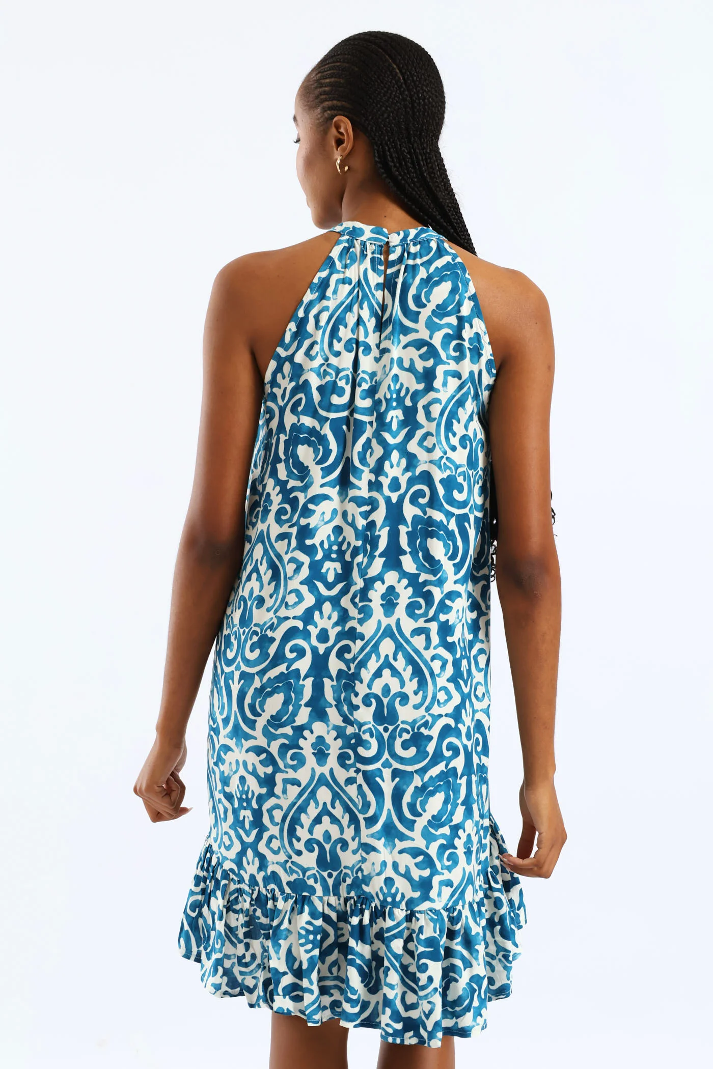 Halter Neck Frill Hem Hi-Lo Printed Mini Dress - White/Blue - Image 2