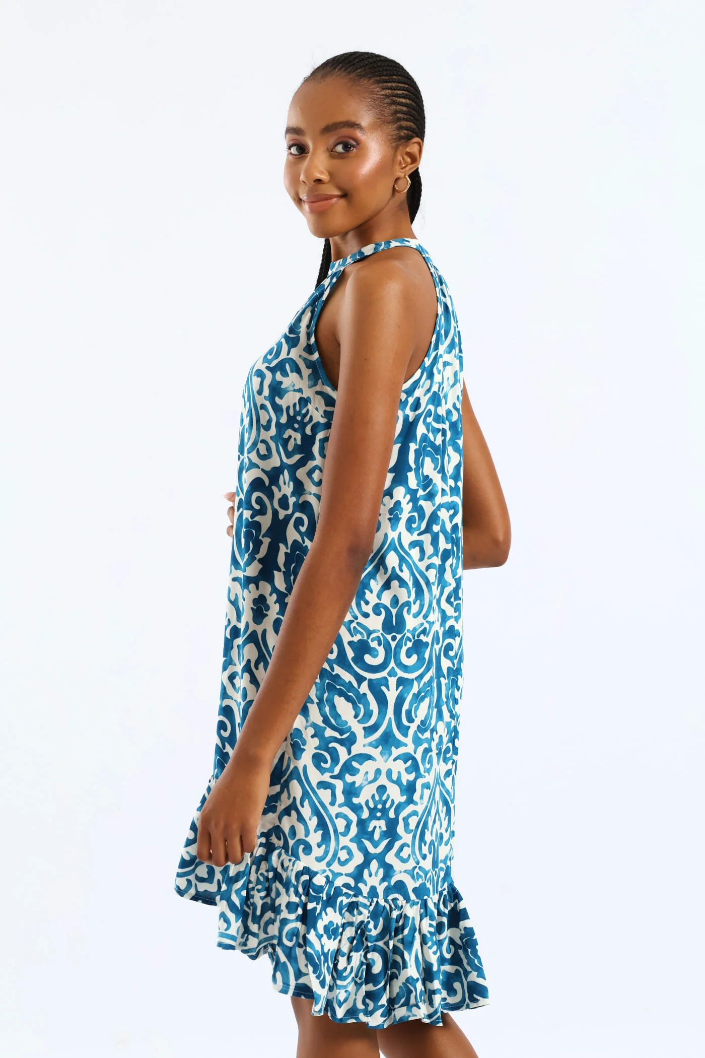 Halter Neck Frill Hem Hi-Lo Printed Mini Dress - White/Blue - Image 3