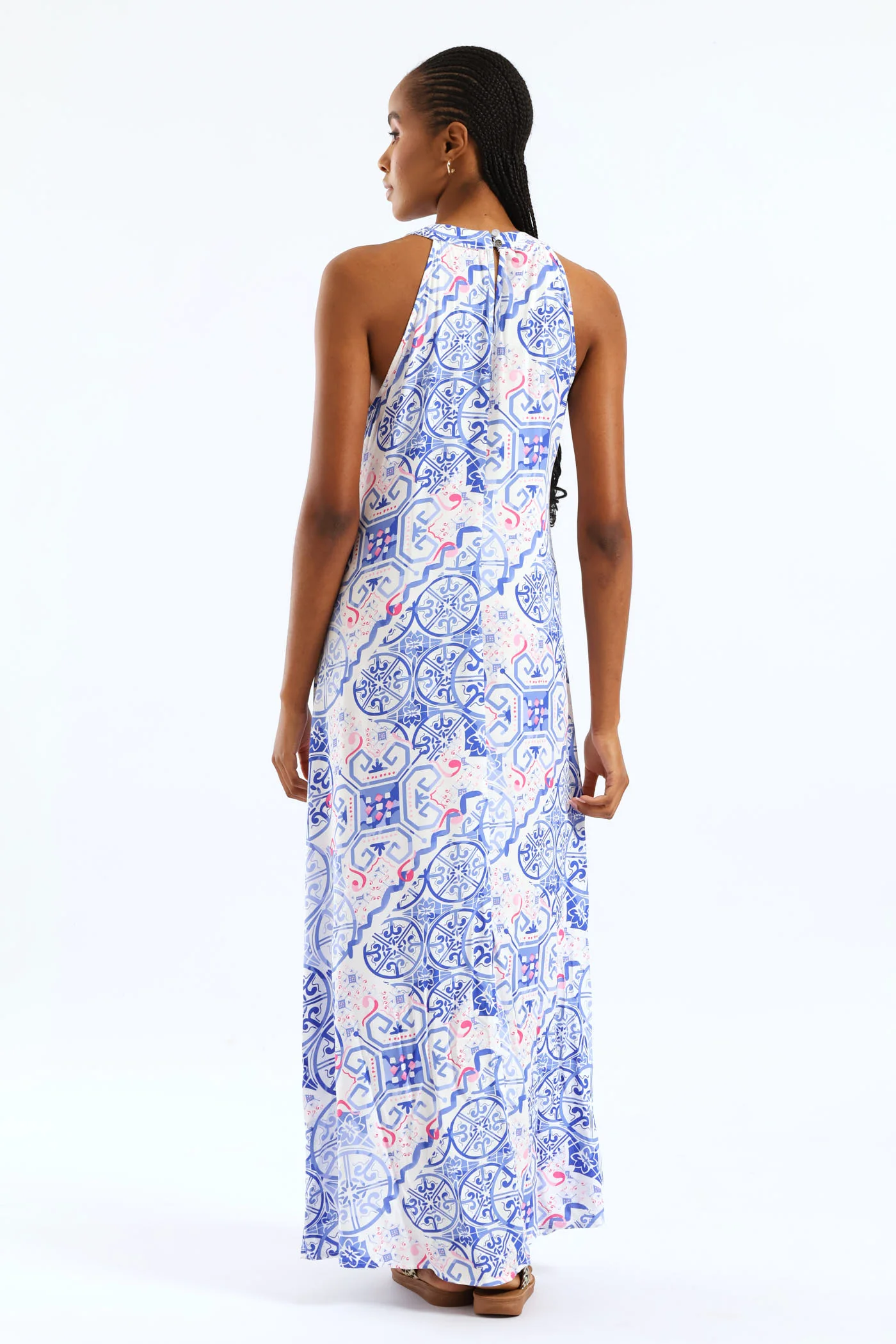Halter Neck Maxi Dress - White/Blue - Image 4