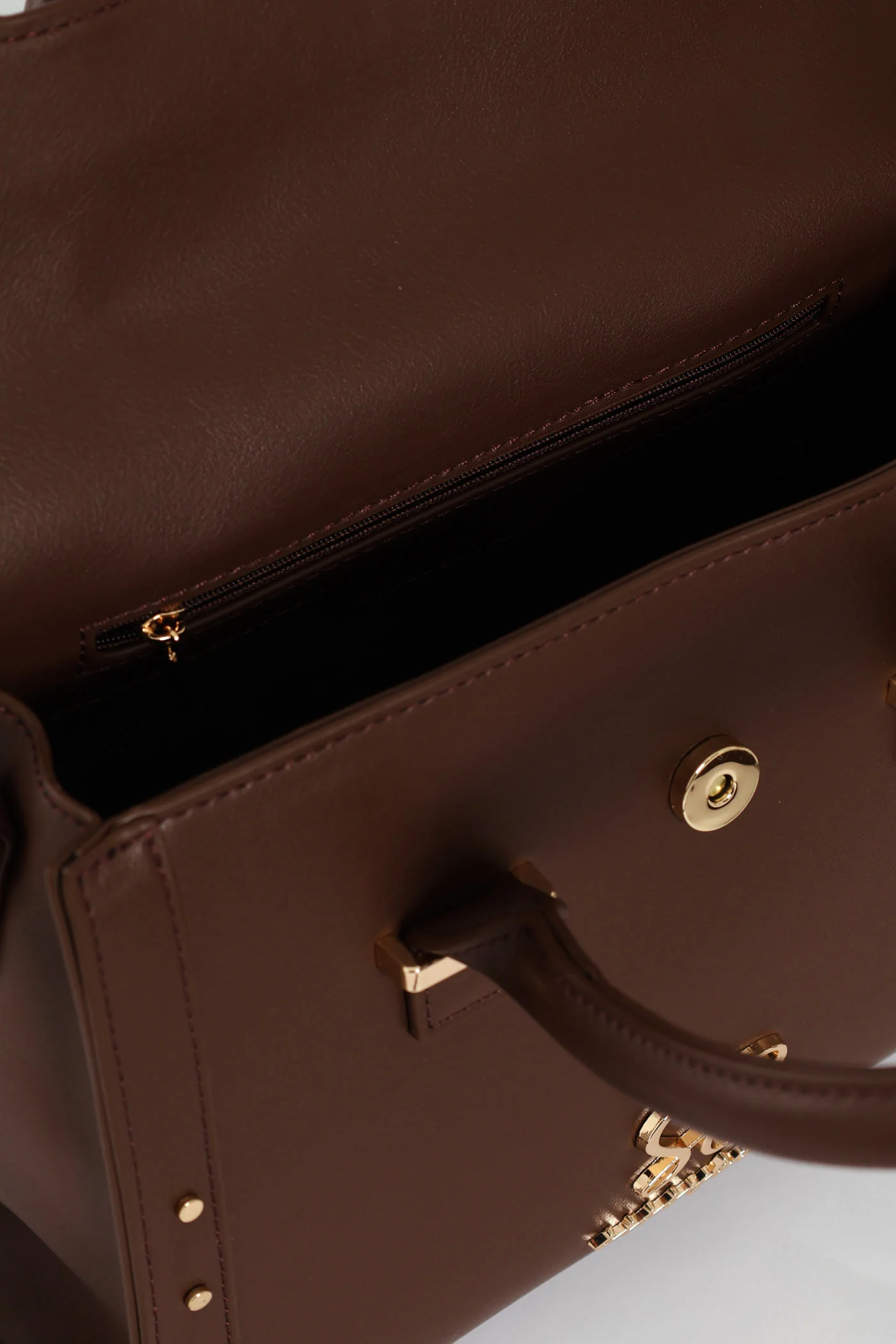 Handbag With Lock Detail - Chocolate - Image 7