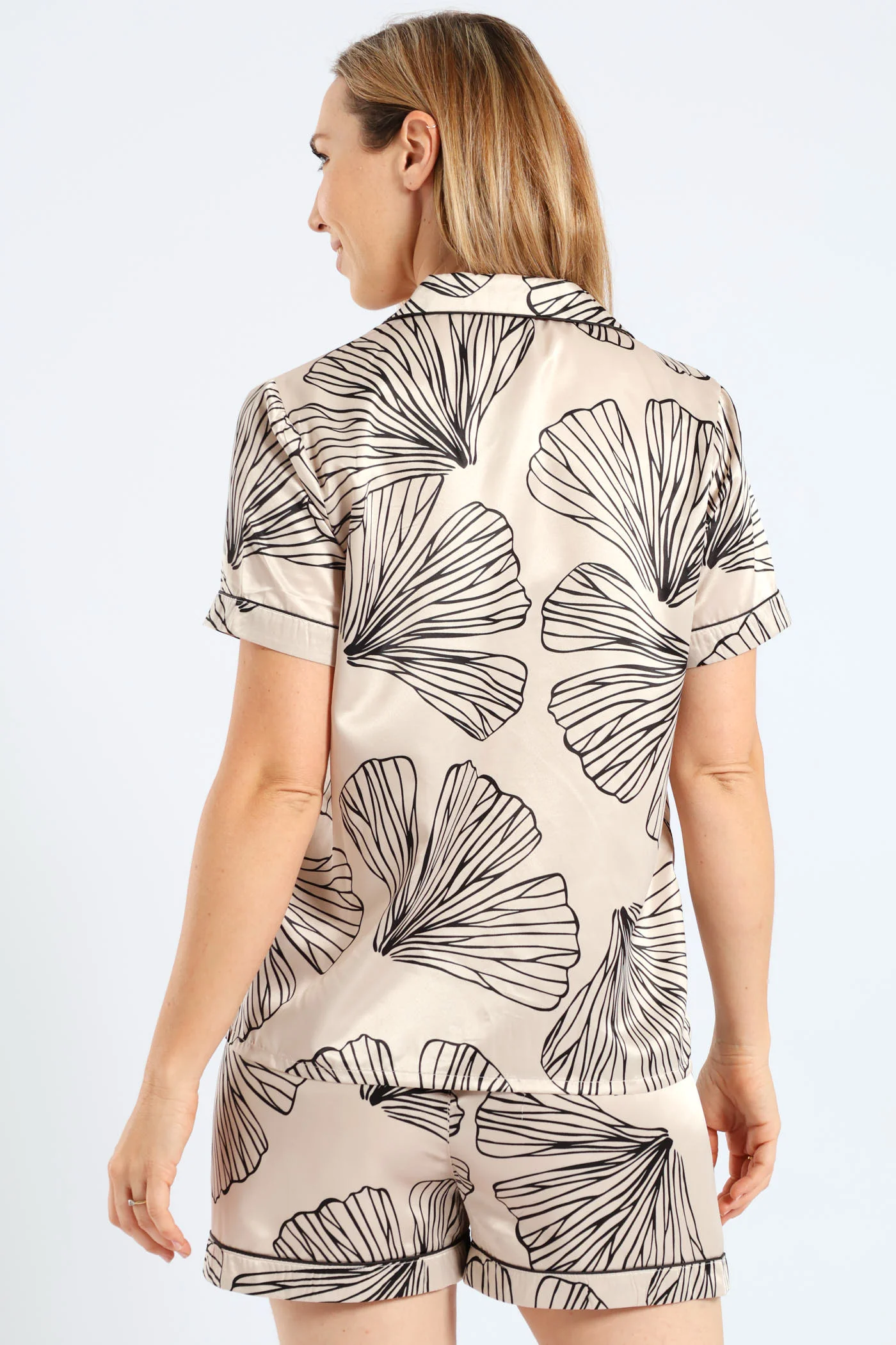Handrawn Palm Button Through & Short Satin Set - Light Grey - Image 4