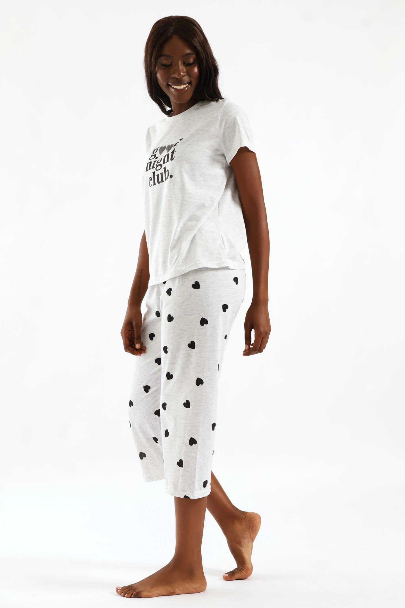 Hearts Short Sleeve & Capri Knit Sleep Set - Grey Melange - Image 3