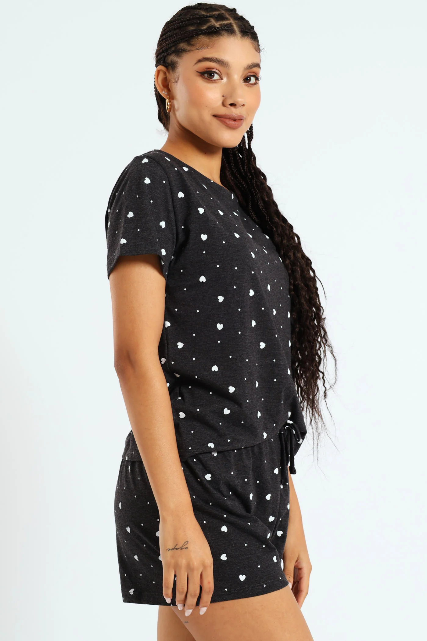 Hearts Tee & Short Knit Set - Charcoal Melange - Image 3