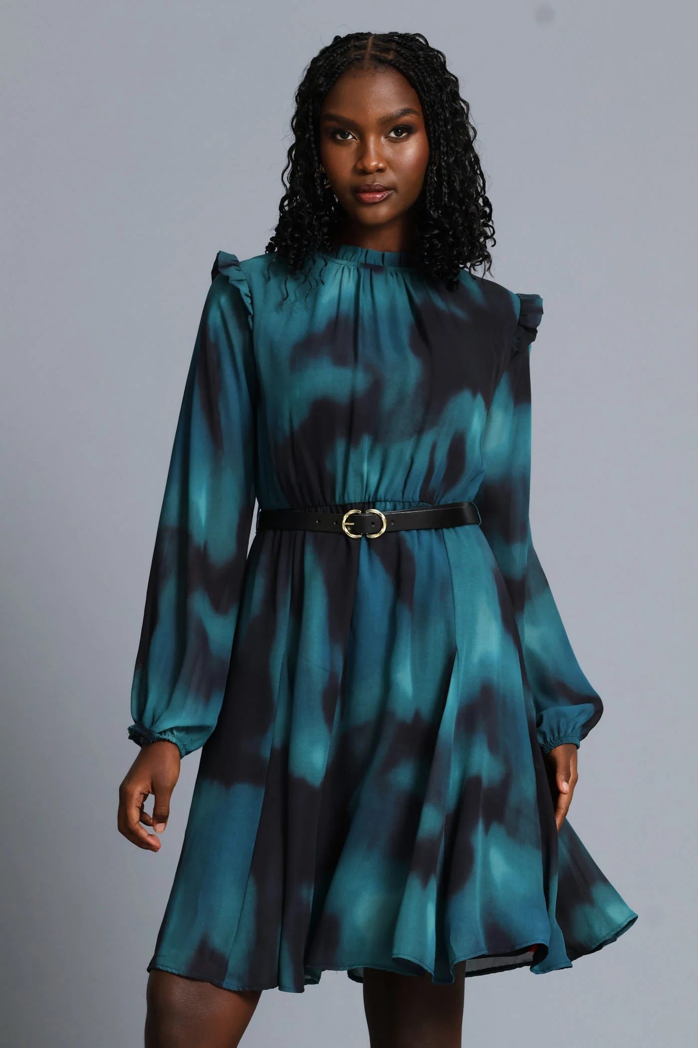 Hi Neck Belted Tea Dress - Teal - Image 2