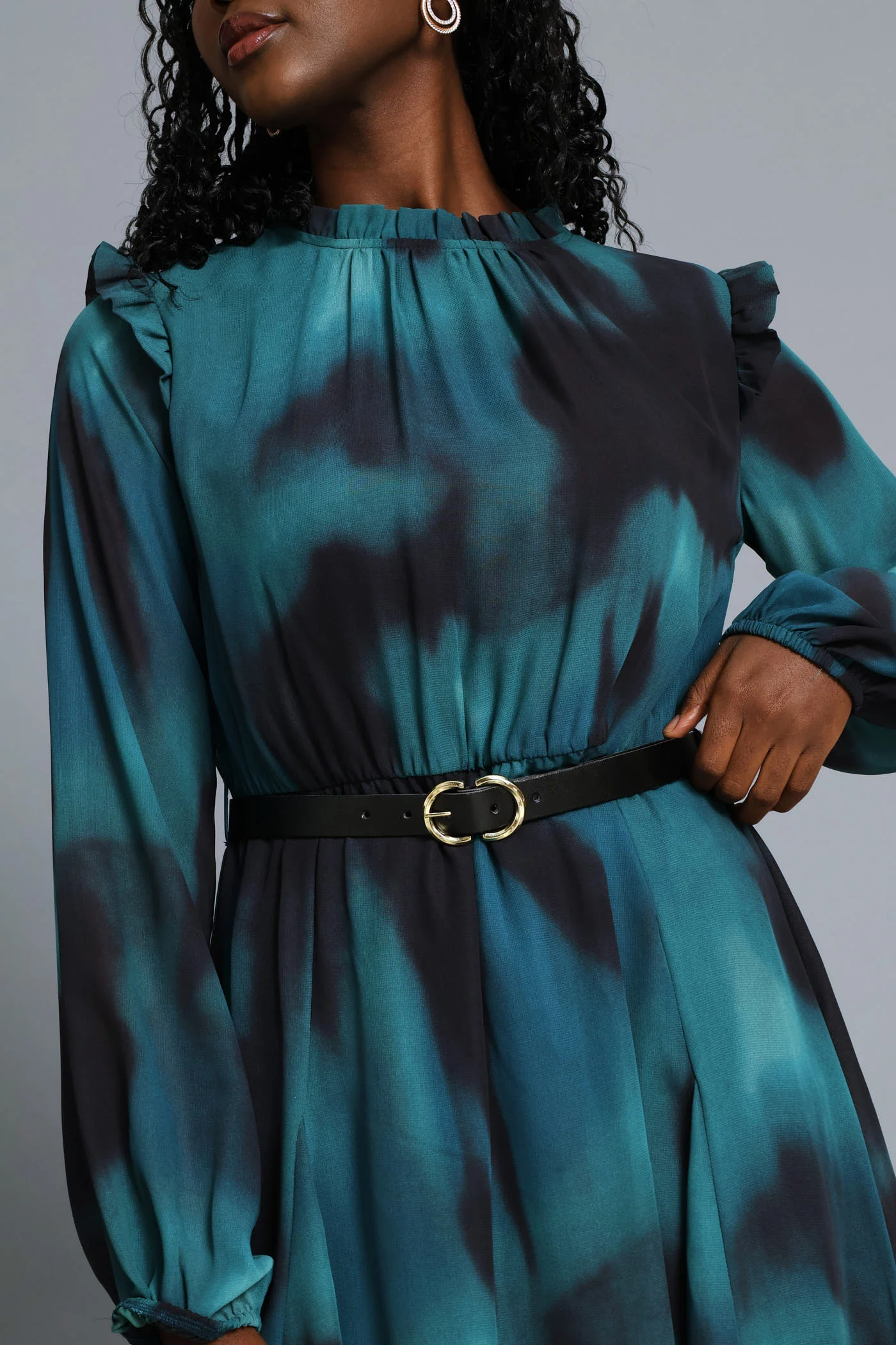 Hi Neck Belted Tea Dress - Teal - Image 3