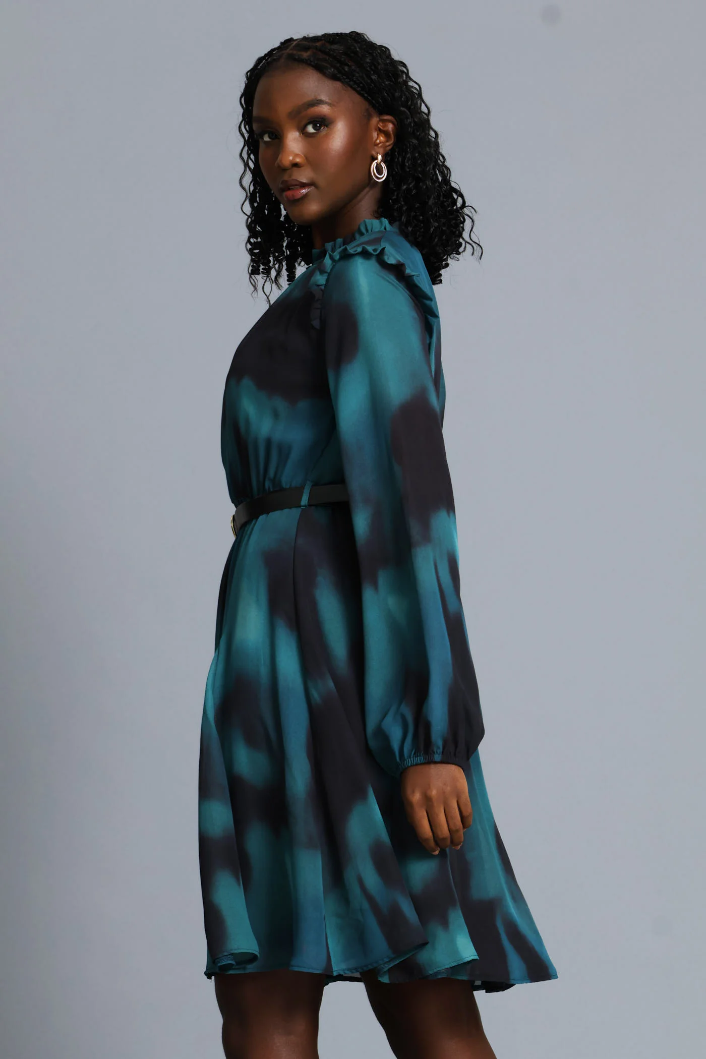 Hi Neck Belted Tea Dress - Teal - Image 4