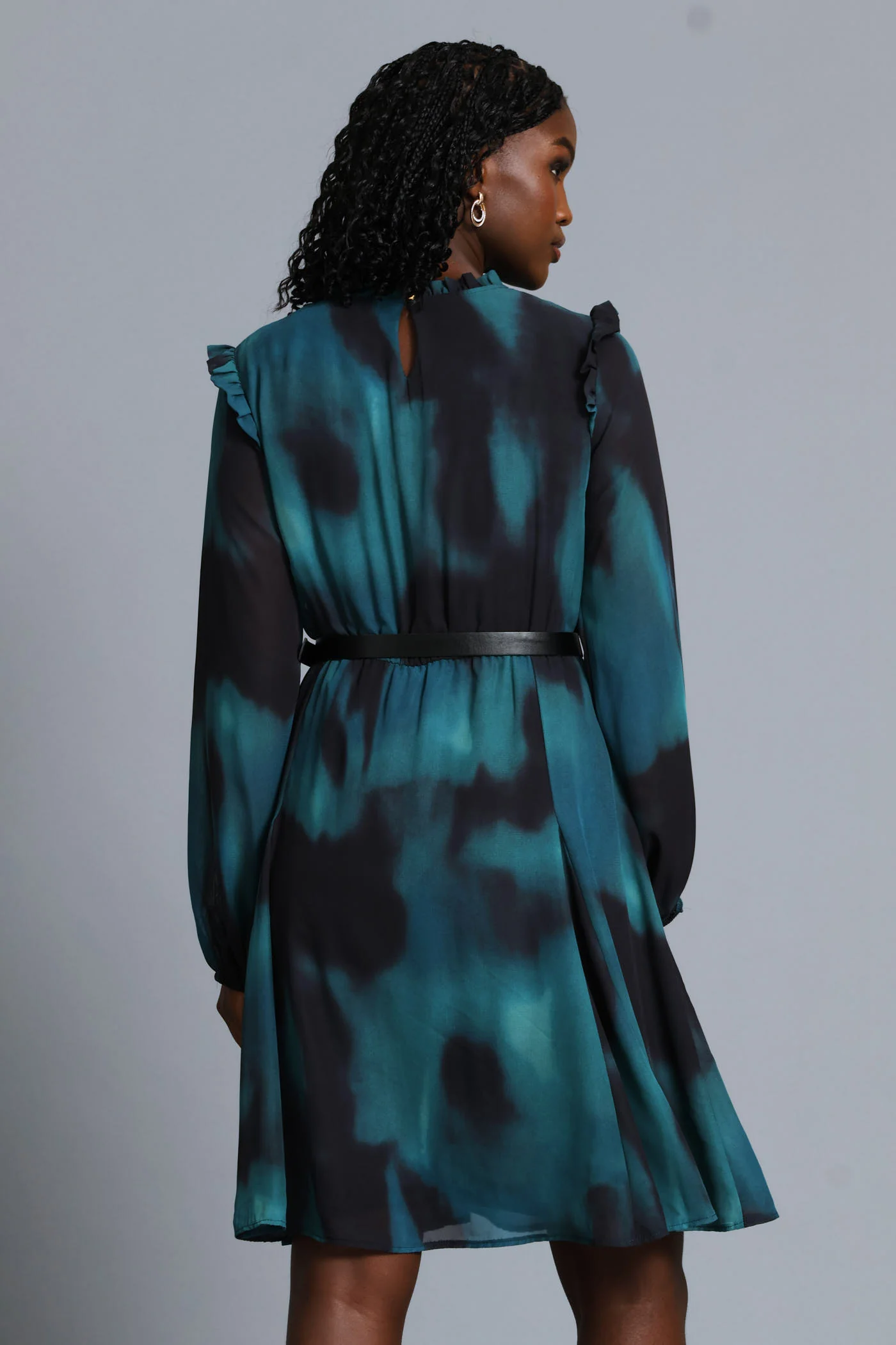 Hi Neck Belted Tea Dress - Teal - Image 5