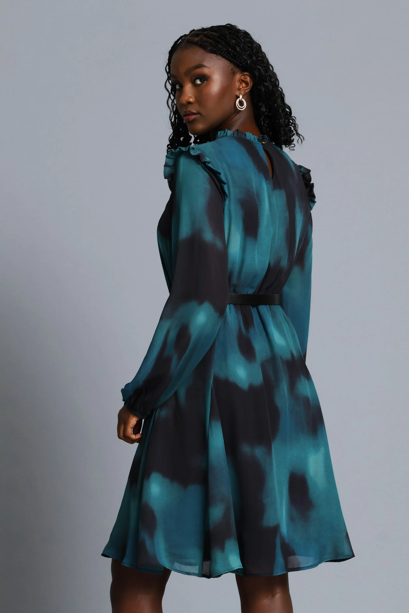 Hi Neck Belted Tea Dress - Teal - Image 6