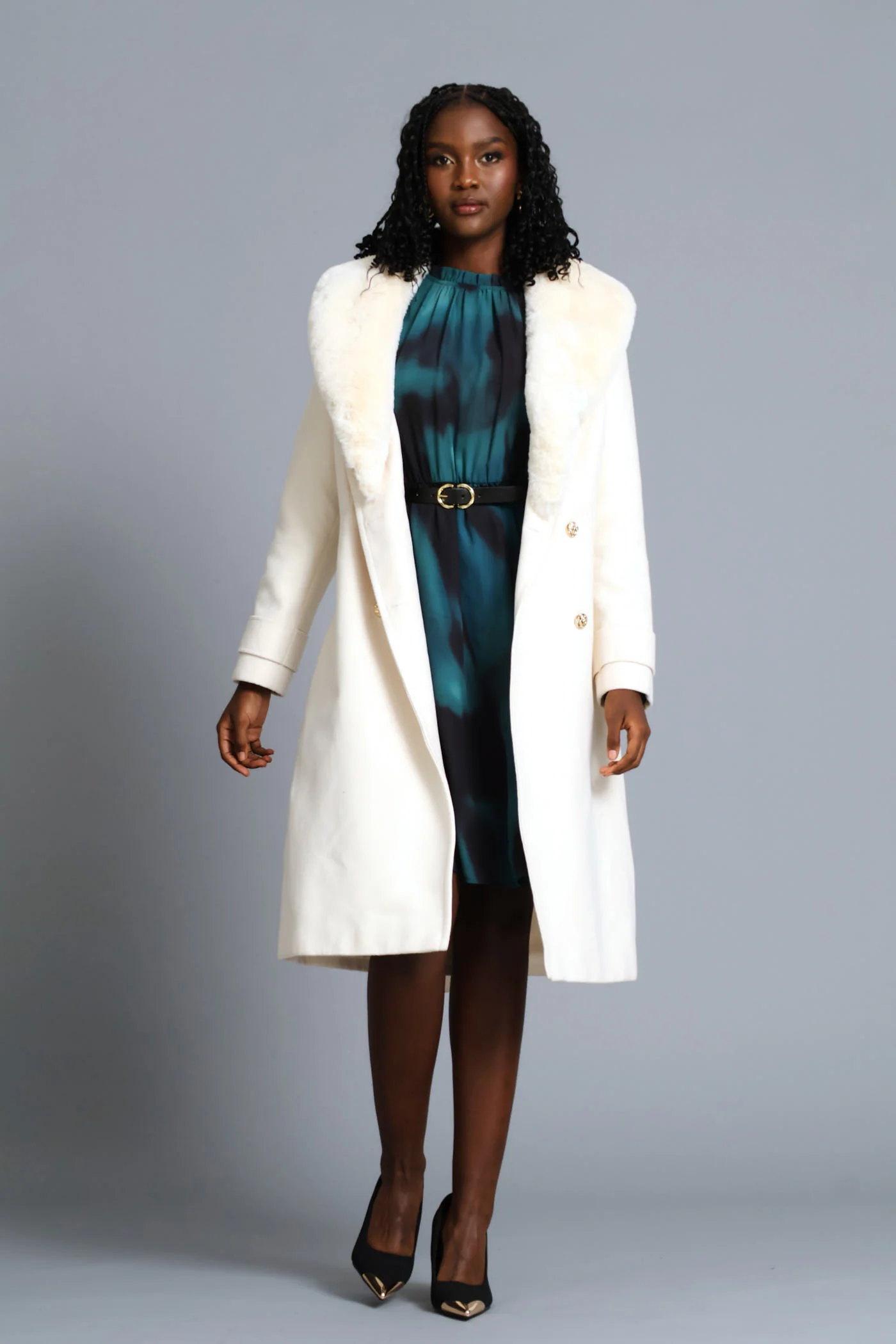 Hi Neck Belted Tea Dress - Teal - Image 7