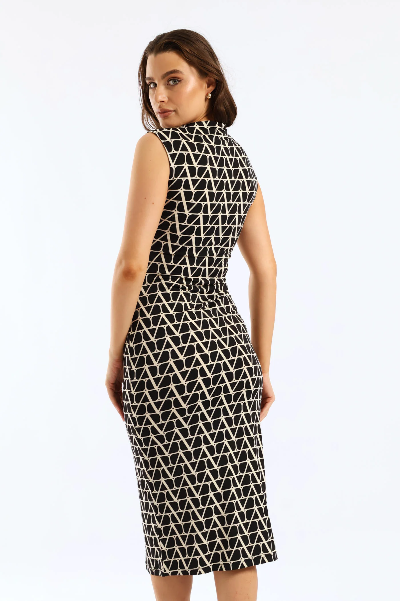 Hi-Neck Drape Detail Slinky Midi Dress - Black/Cream - Image 5