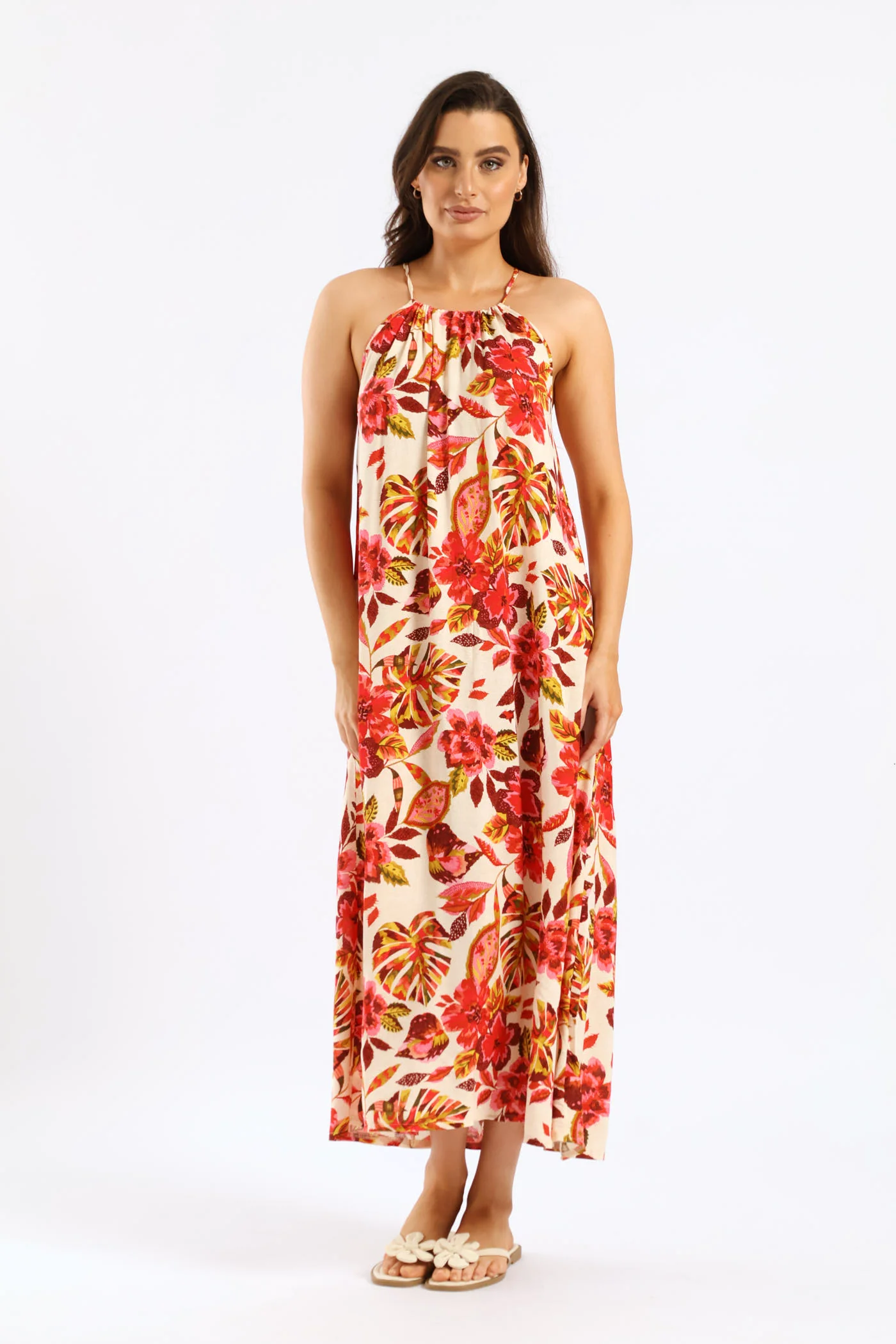 Hi-Neck Drawstring Back Tie Maxi Dress - Multi - Image 4