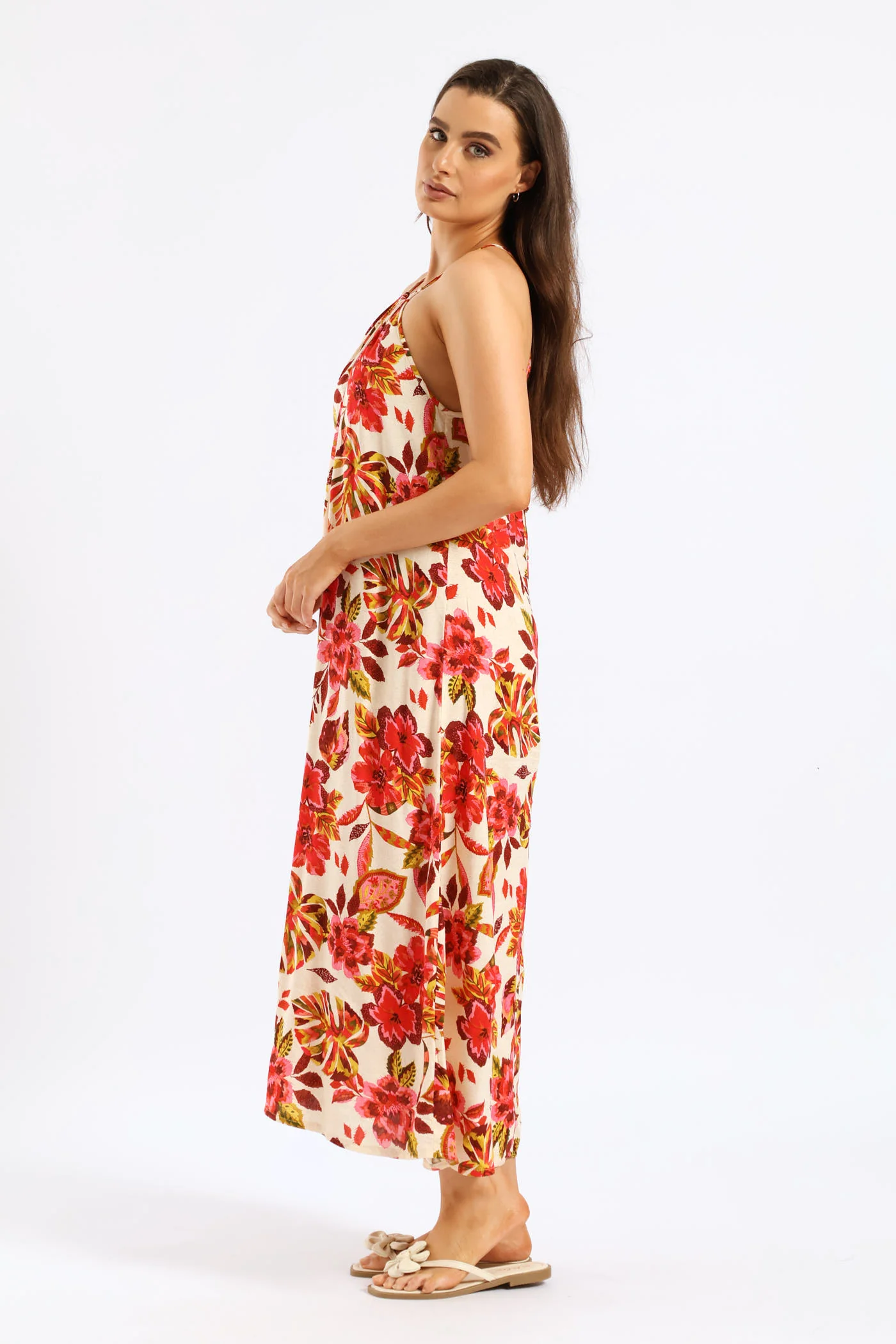Hi-Neck Drawstring Back Tie Maxi Dress - Multi - Image 5