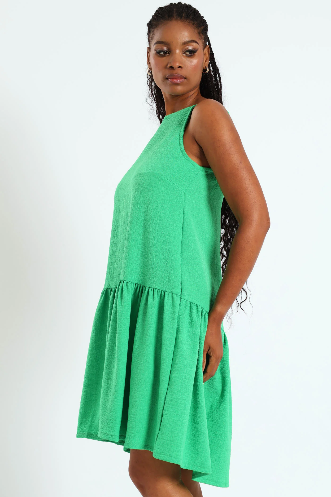 Hi-Neck Drop Waist Mini Dress - Bright Green - Image 2