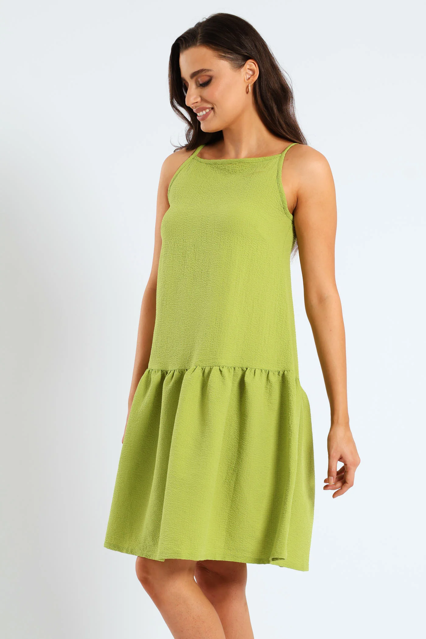 Hi-Neck Drop Waist Mini Dress - Lime - Image 4