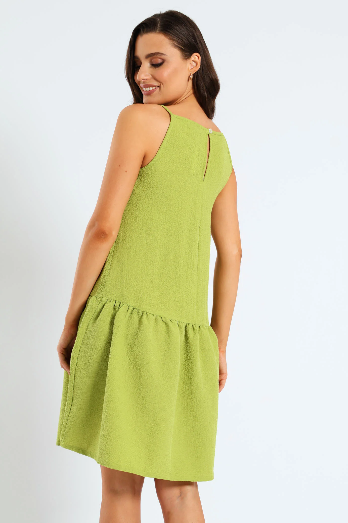 Hi-Neck Drop Waist Mini Dress - Lime - Image 5