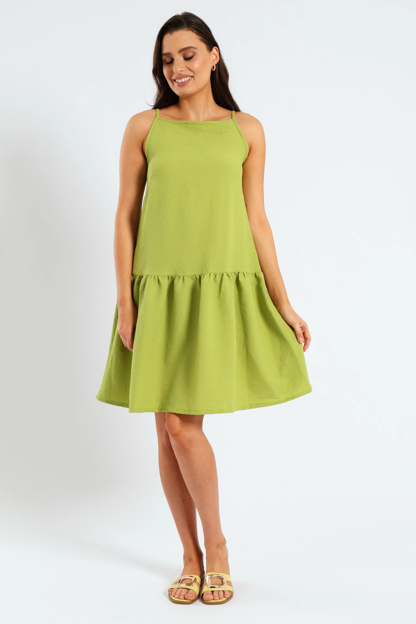 Hi-Neck Drop Waist Mini Dress - Lime - Image 6