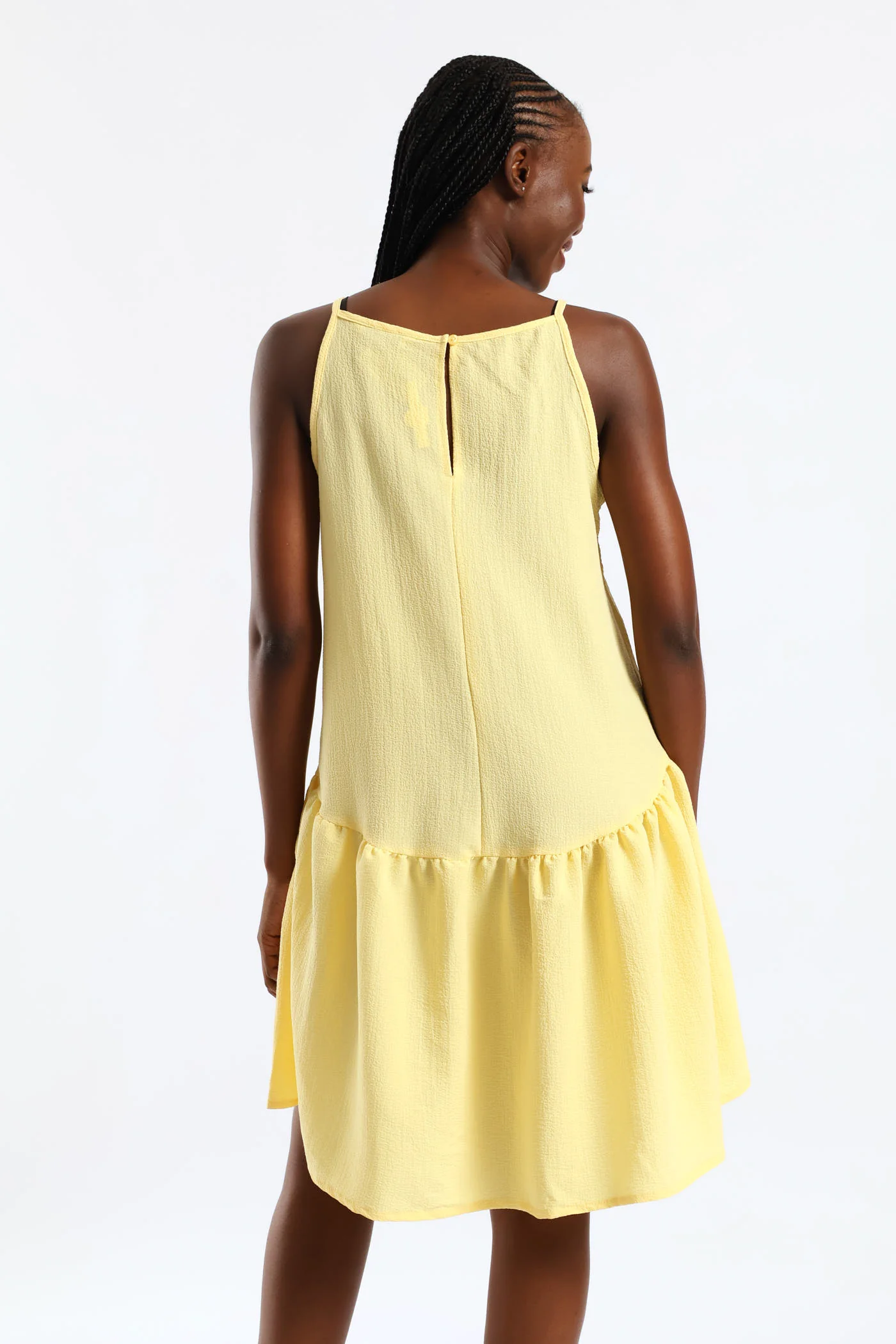 Hi-Neck Drop Waist Mini Dress - Pastel Yellow - Image 2