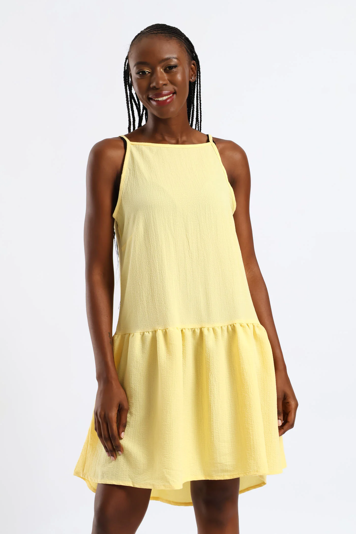 Hi-Neck Drop Waist Mini Dress - Pastel Yellow - Image 4