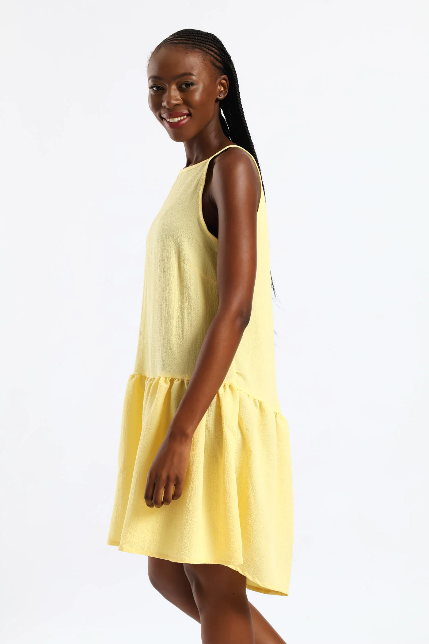 Hi-Neck Drop Waist Mini Dress - Pastel Yellow - Image 5