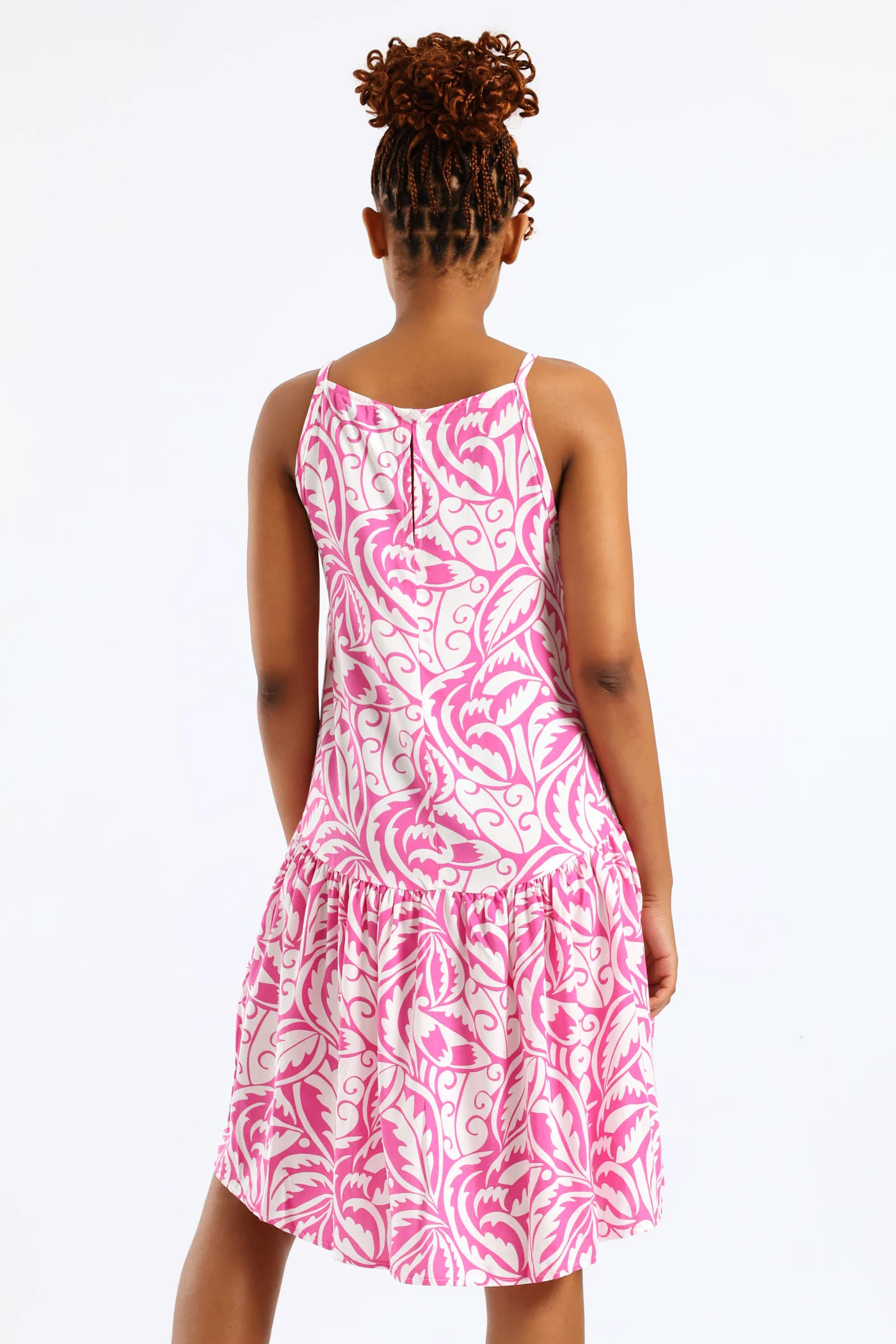 Hi-Neck Drop Waist Print Mini Dress - White/Pink - Image 2