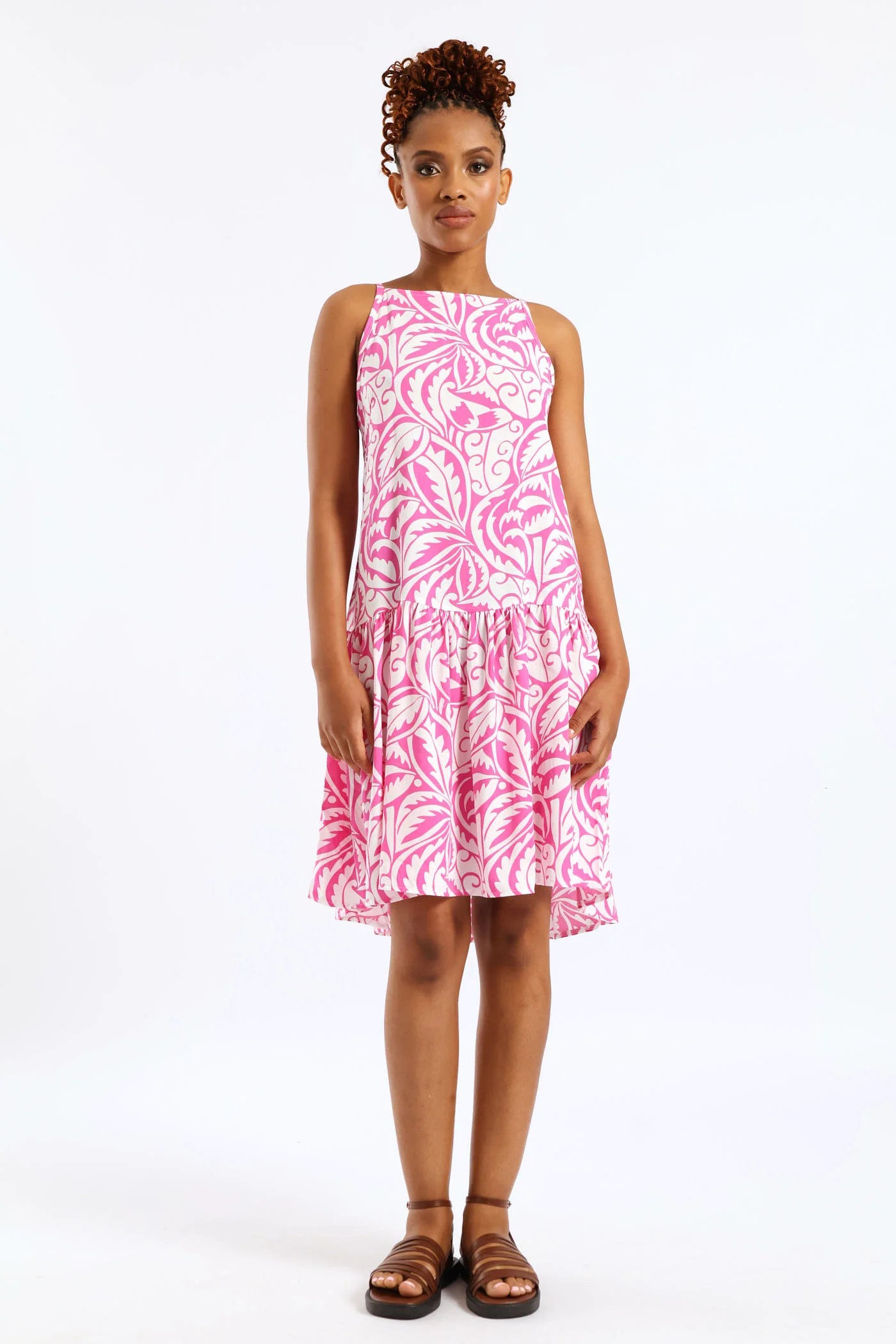 Hi-Neck Drop Waist Print Mini Dress - White/Pink - Image 4