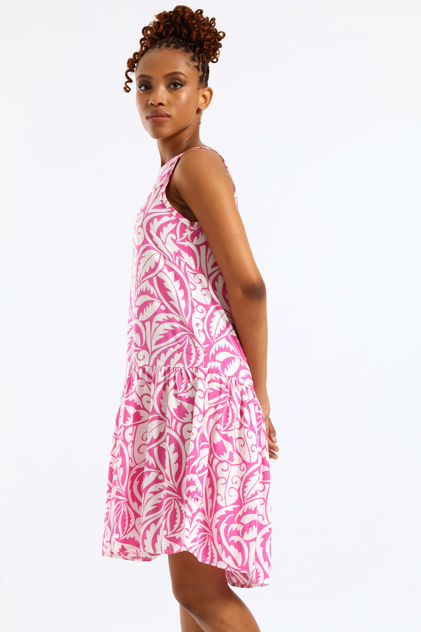 Hi-Neck Drop Waist Print Mini Dress - White/Pink - Image 5