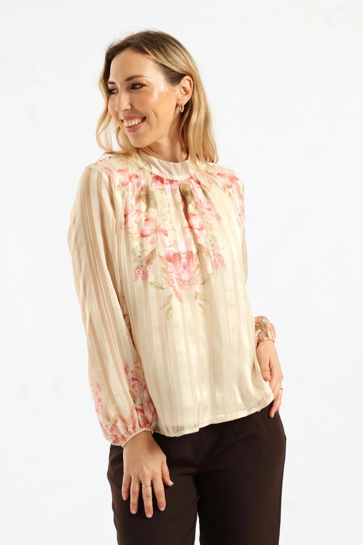 Hi Neck Floral Blouse - Cream - Image 3