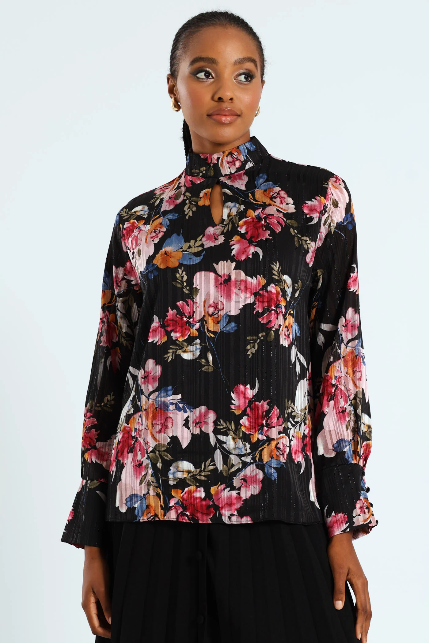 Hi Neck Floral Keyhole Blouse - Black - Image 2
