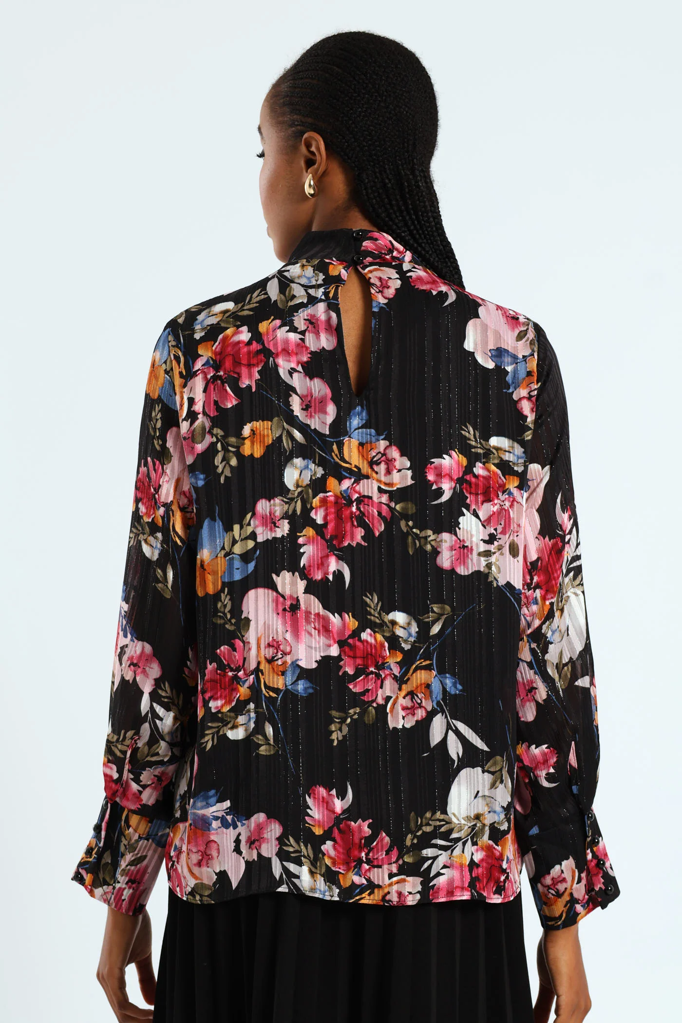Hi Neck Floral Keyhole Blouse - Black - Image 3