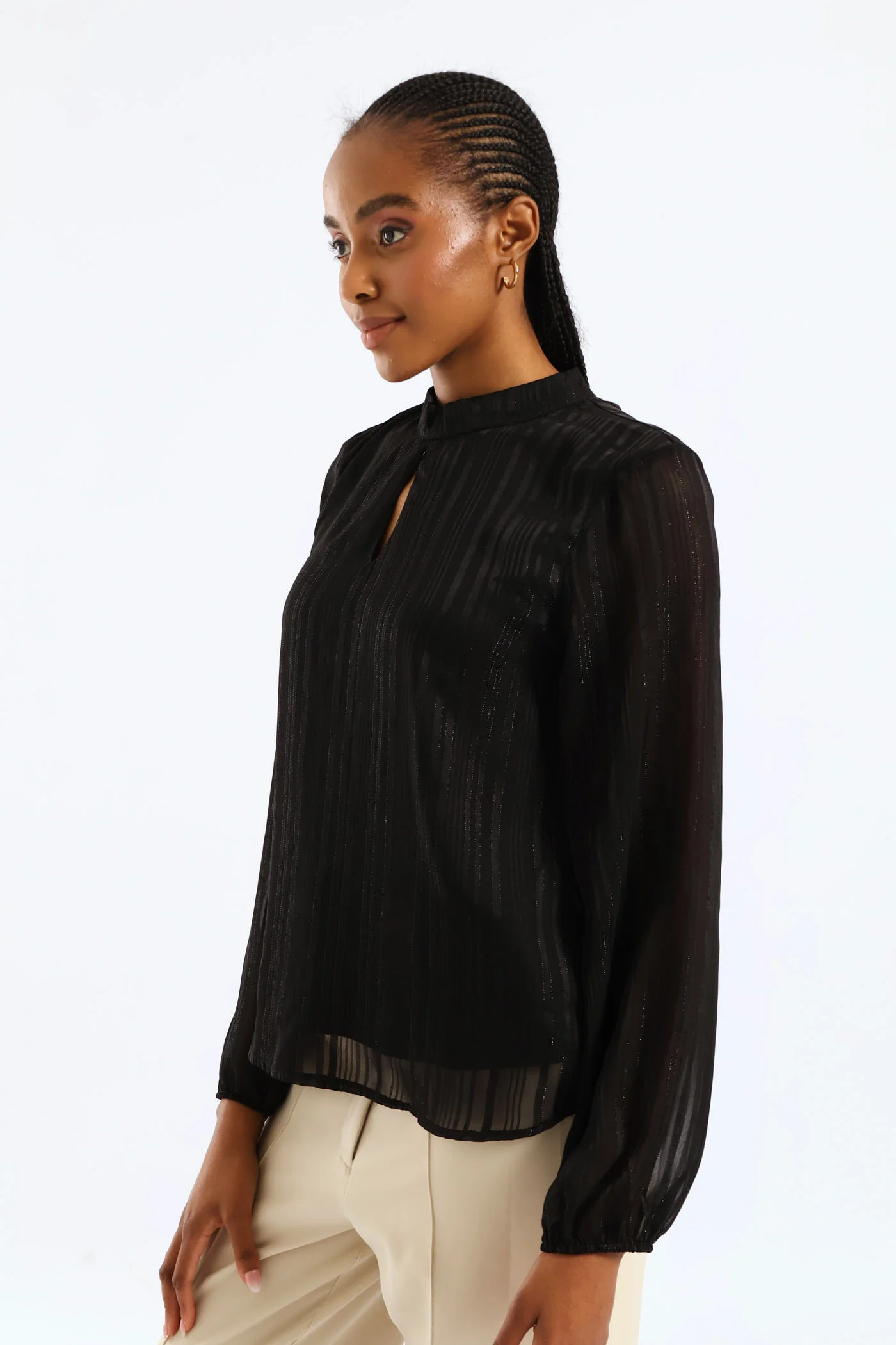Hi Neck Keyhole Blouse - Black - Image 4