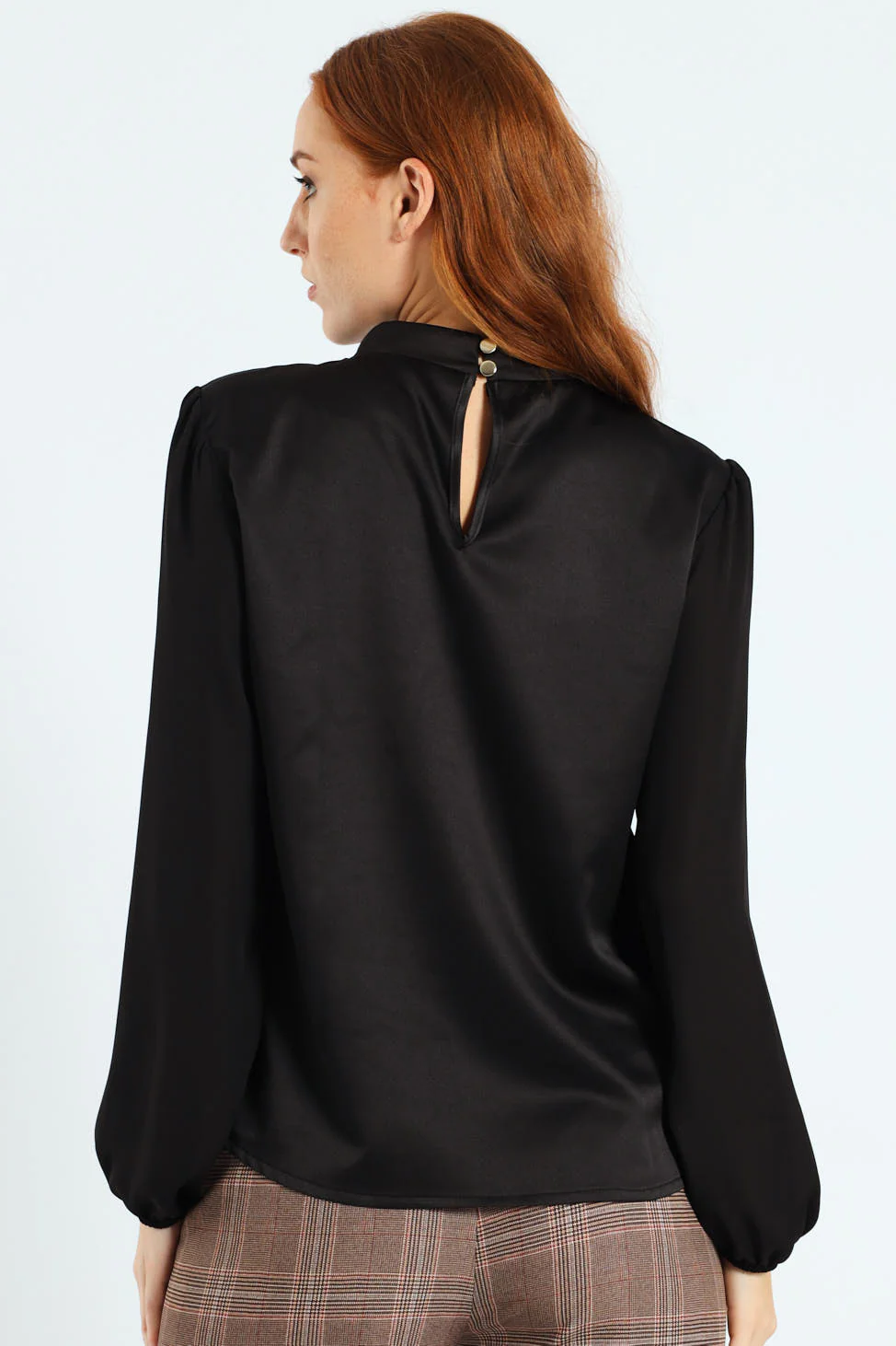 Hi-Neck Keyhole Combo Blouse - Black - Image 2