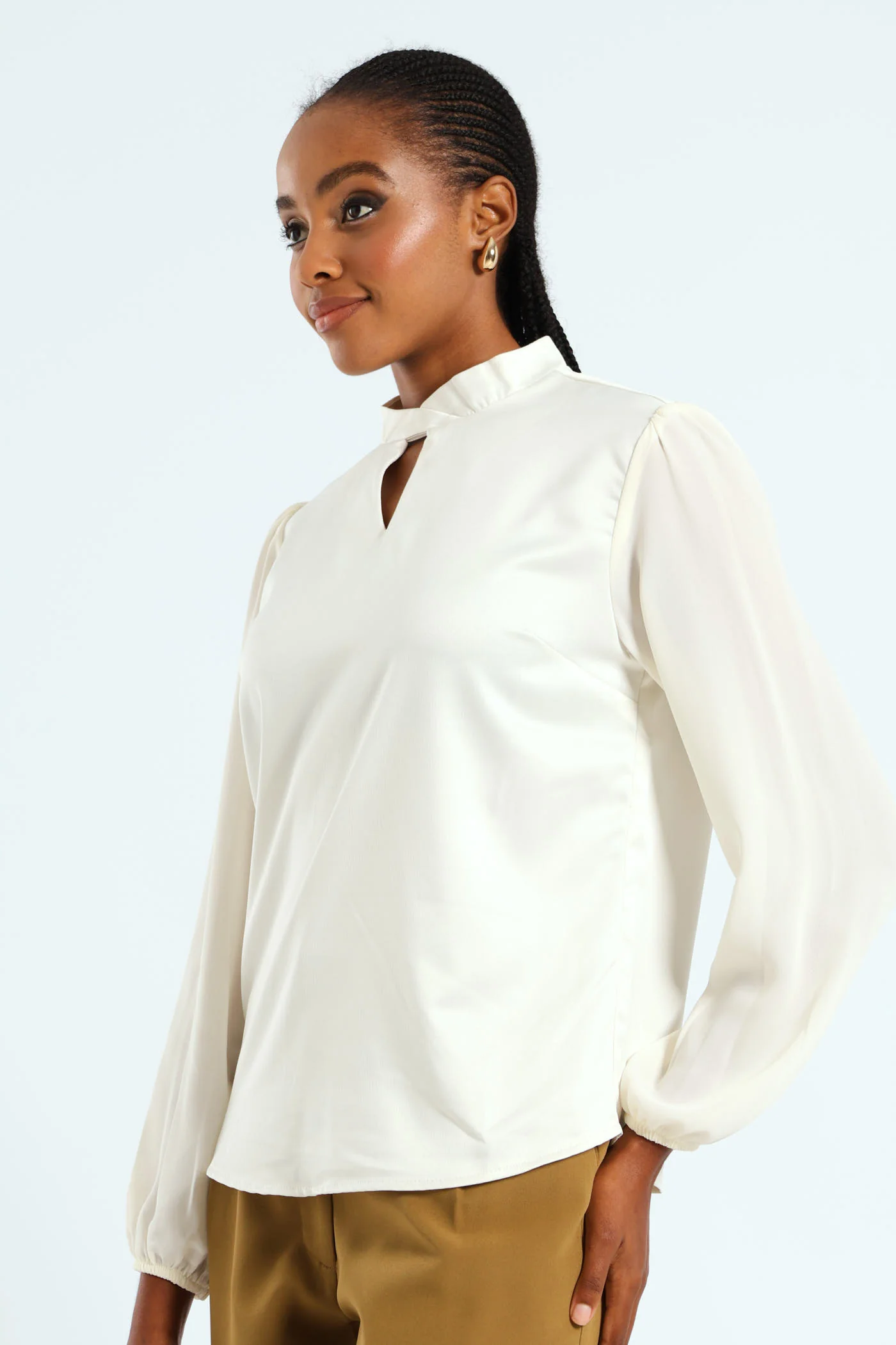 Hi Neck Keyhole Combo Blouse - Cream - Image 2