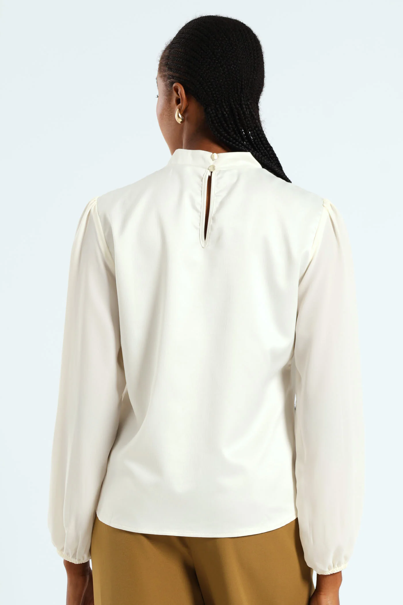 Hi Neck Keyhole Combo Blouse - Cream - Image 3