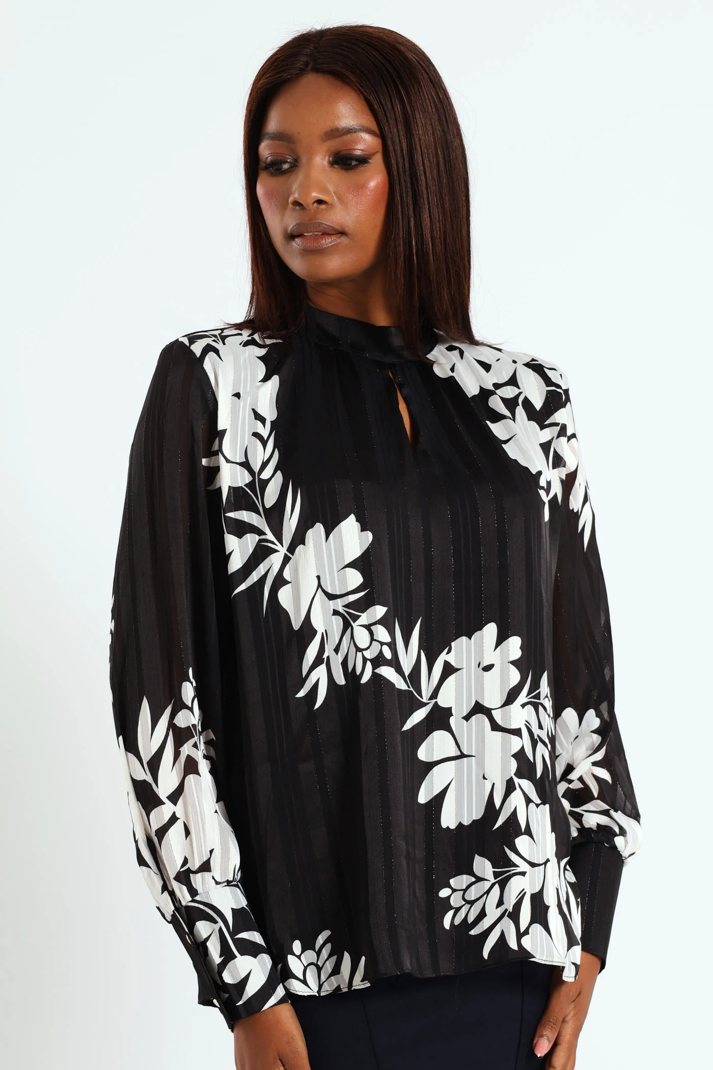 Hi Neck Keyhole Monochrome Floral Blouse - Black/White - Image 2