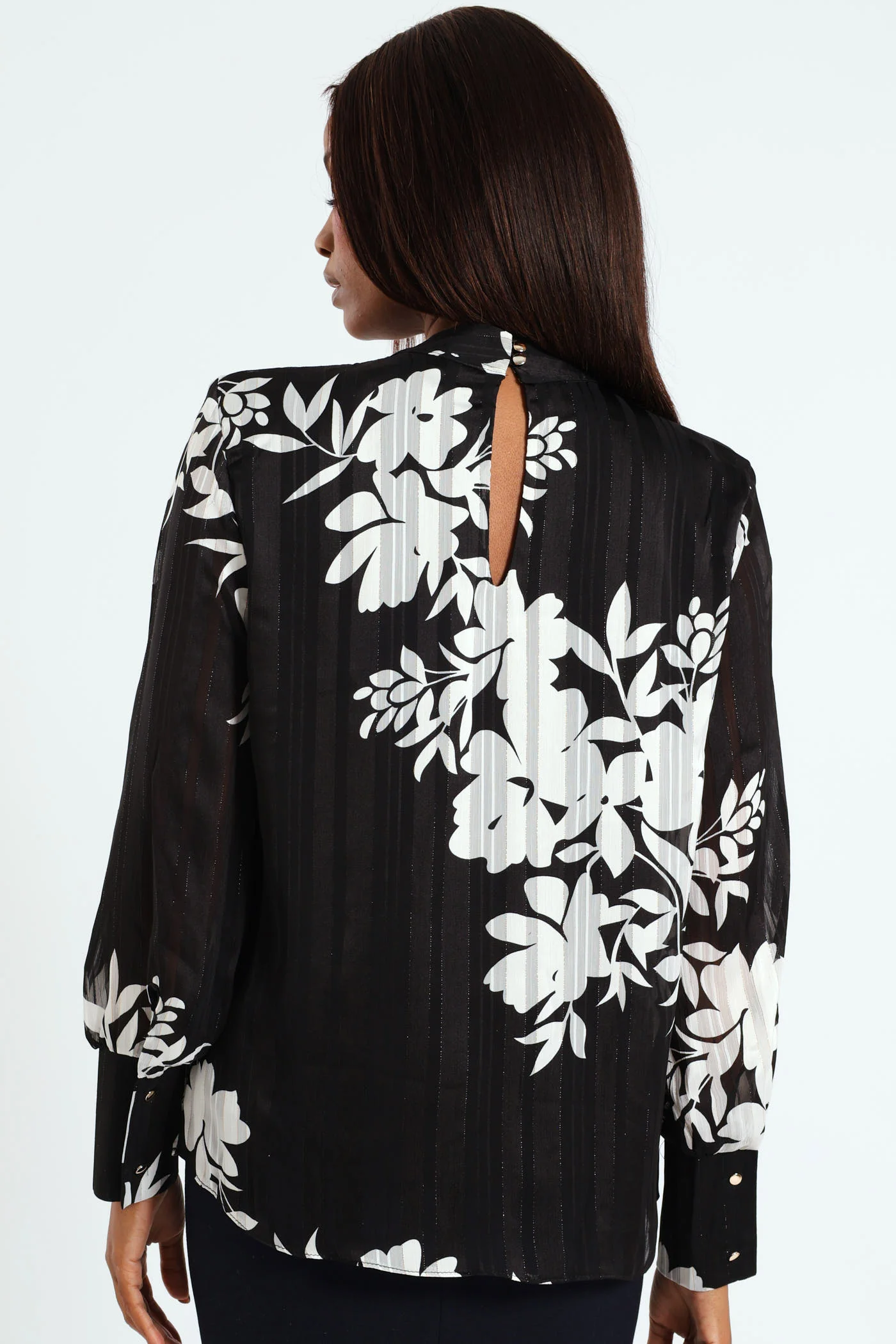 Hi Neck Keyhole Monochrome Floral Blouse - Black/White - Image 3
