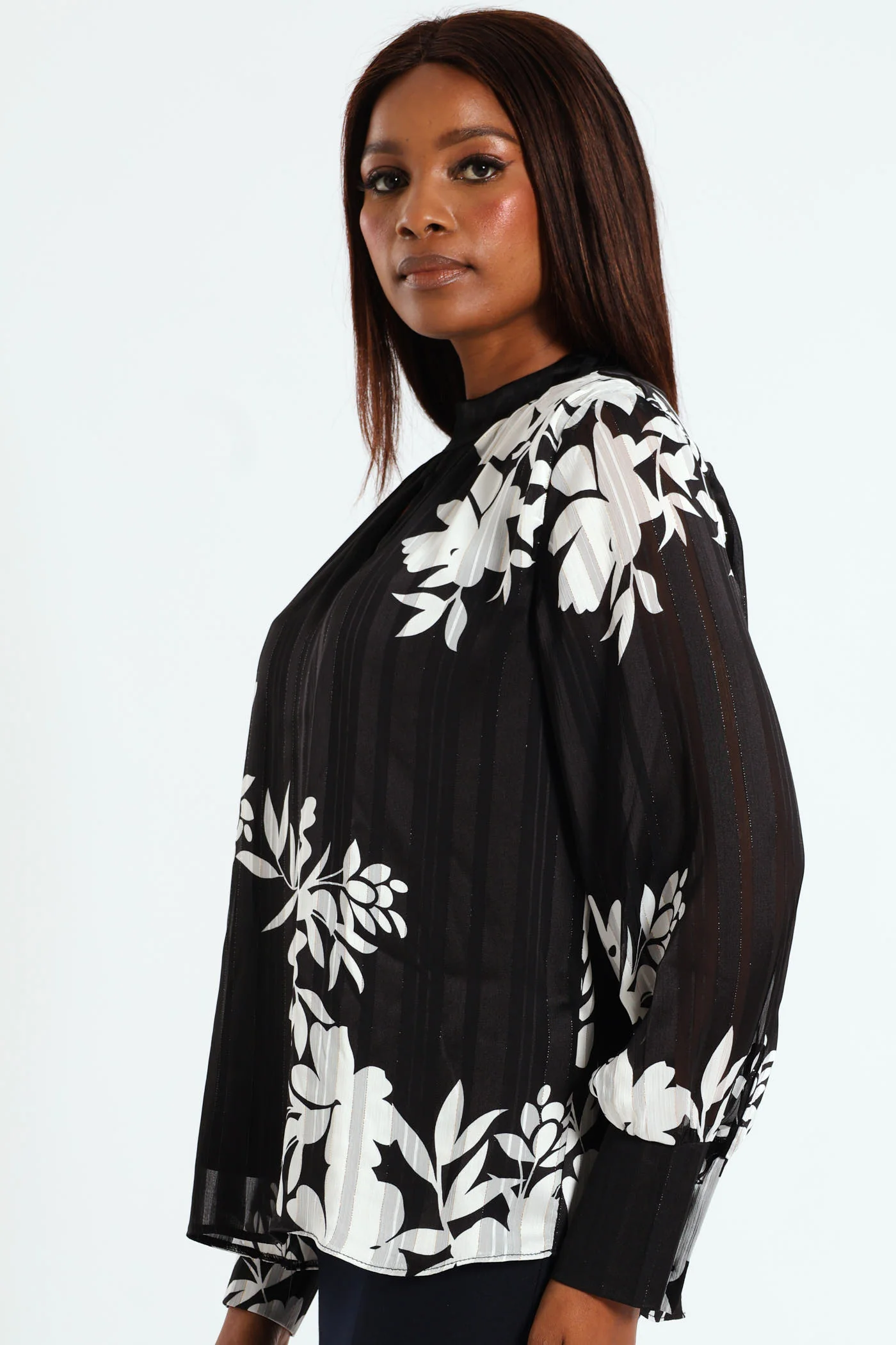 Hi Neck Keyhole Monochrome Floral Blouse - Black/White - Image 5