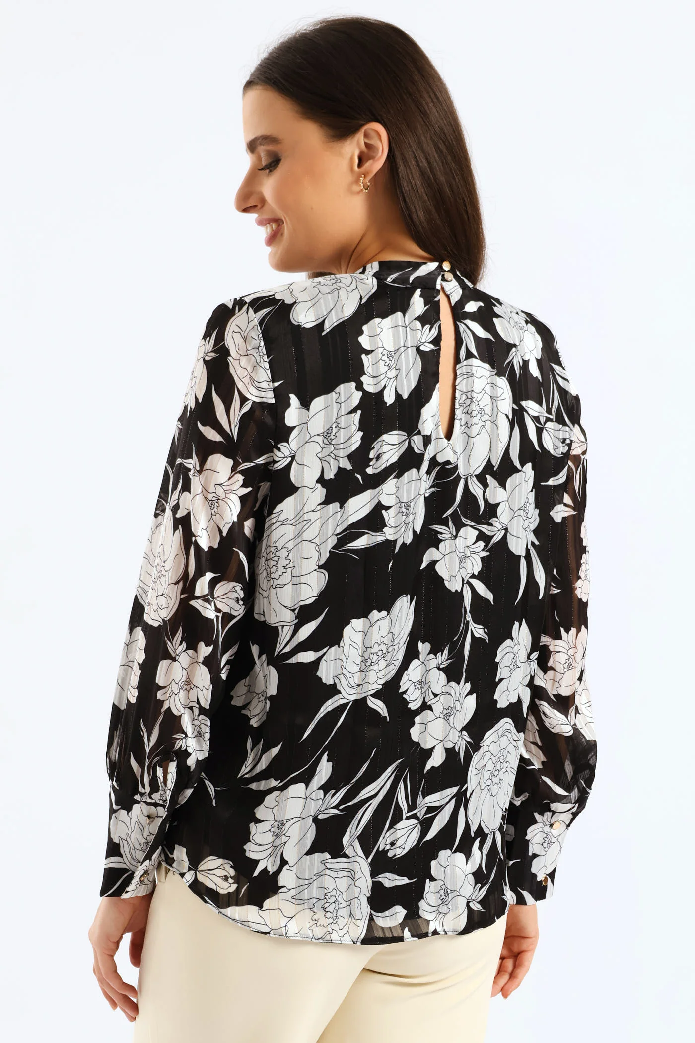 Hi Neck Keyhole Monochrome Floral Blouse - Black/White - Image 2