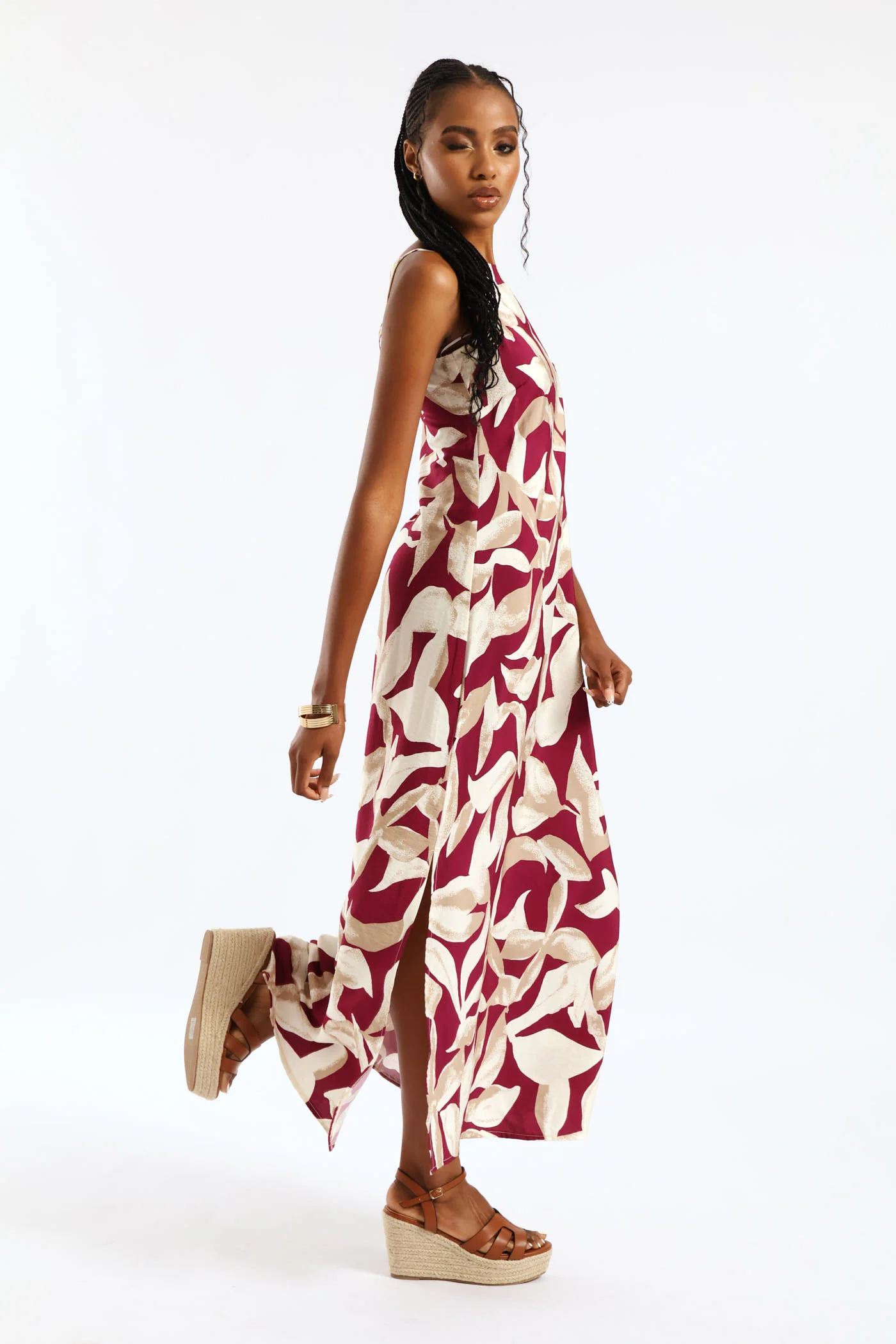 Hi-Neck Midaxi Slip Dress - Stone/Plum - Image 5