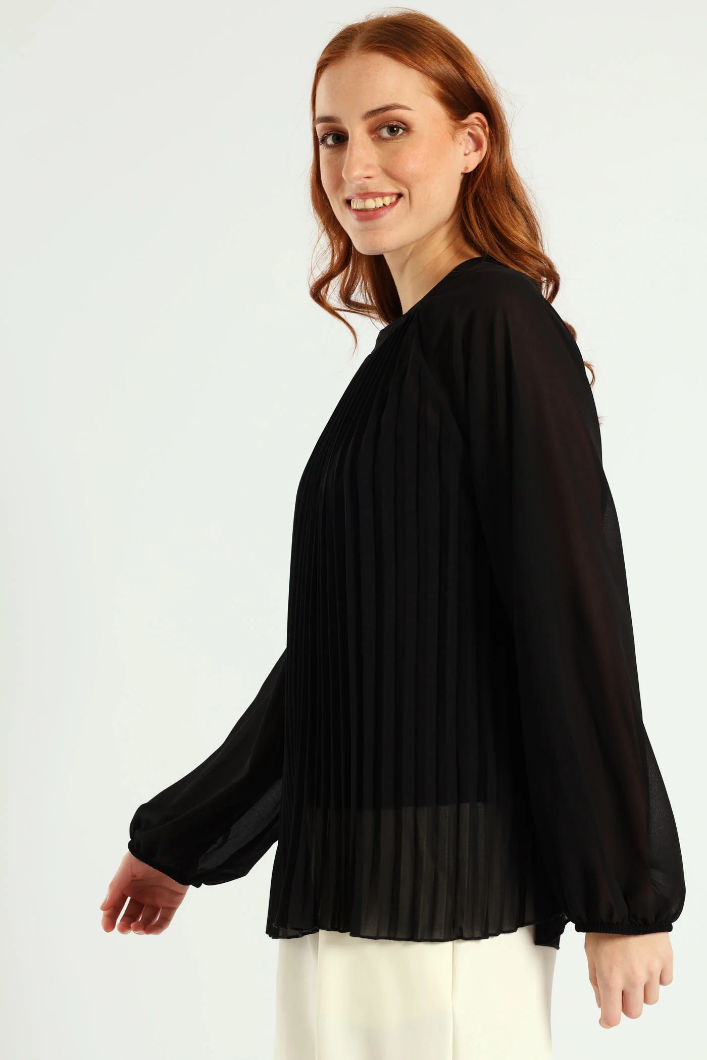 High Neck Pleated Chiffon Blouse - Black - Image 2