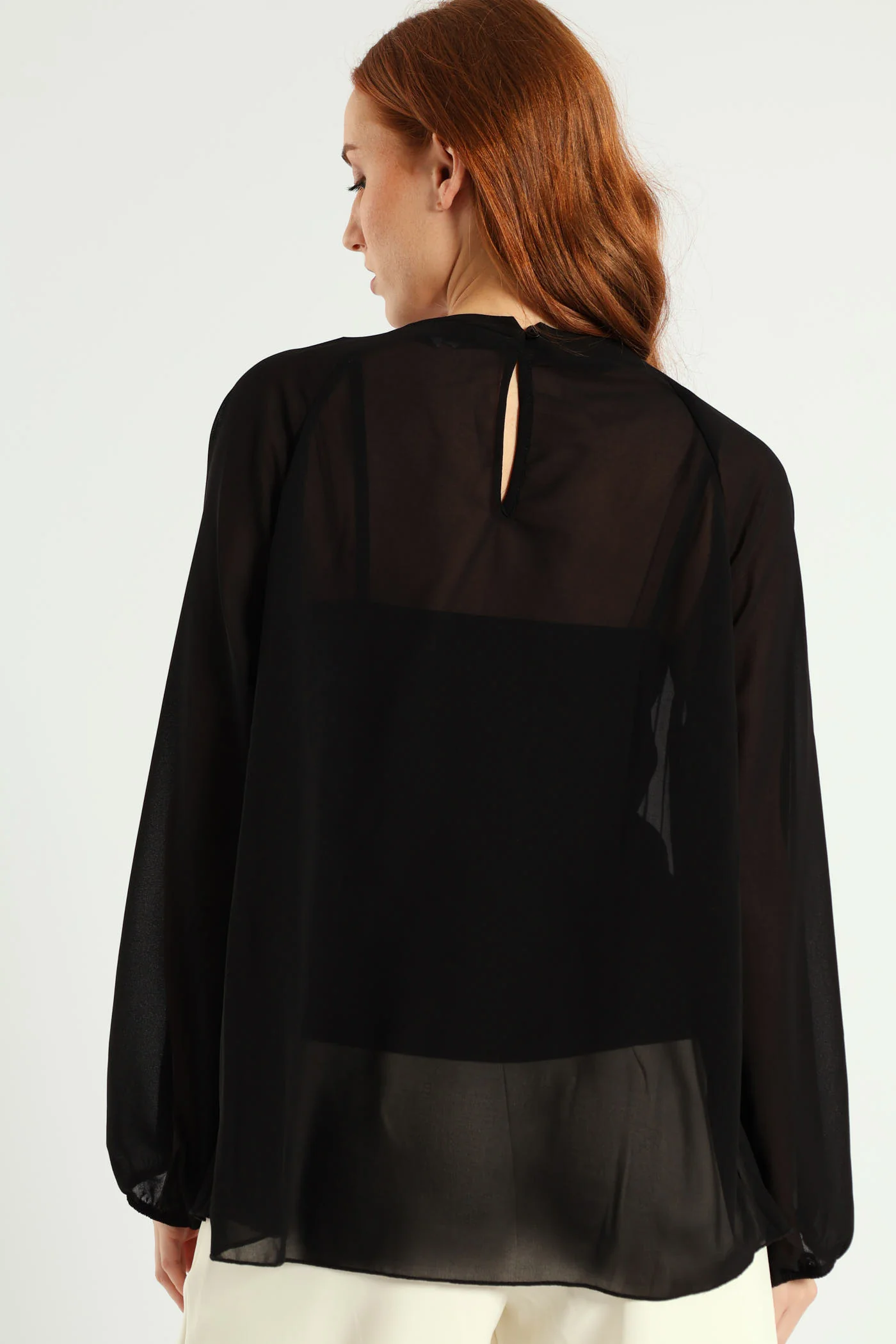 High Neck Pleated Chiffon Blouse - Black - Image 3