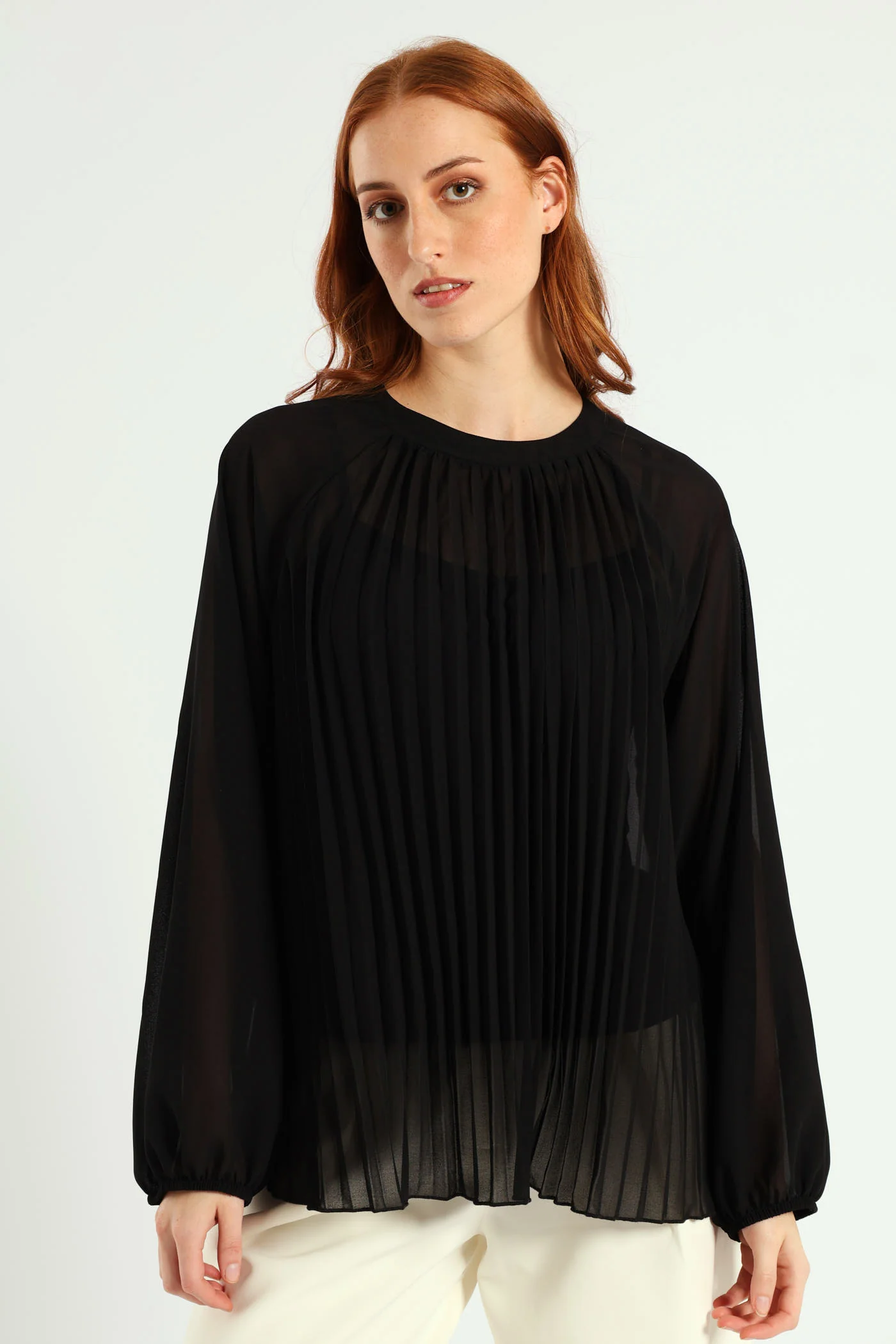 High Neck Pleated Chiffon Blouse - Black - Image 4