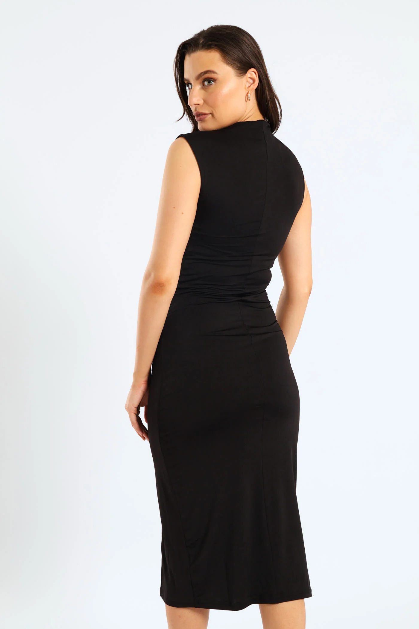 Hi-Neck Ruched Slinky Midi Dress - Black - Image 4