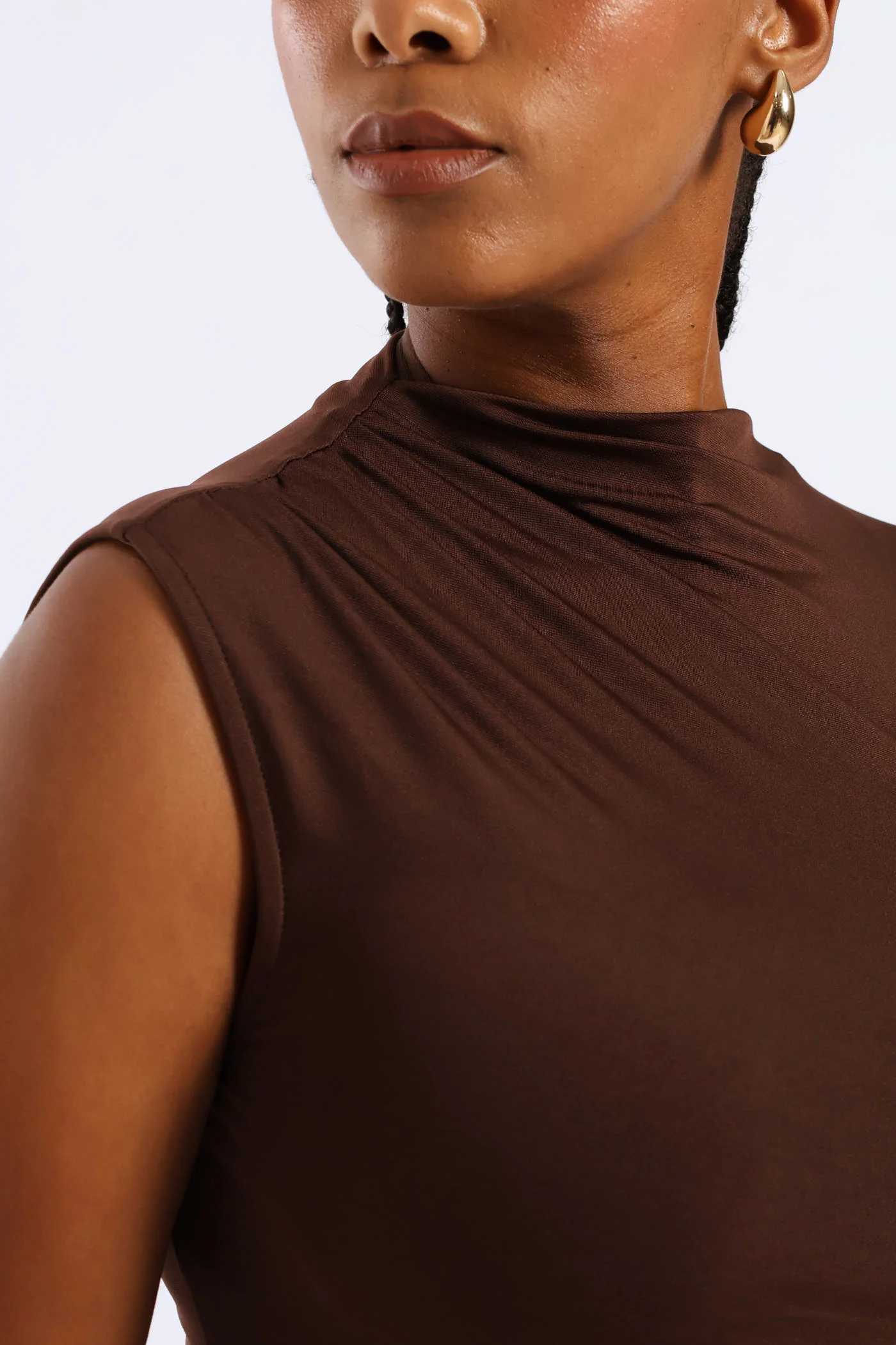 Hi-Neck Ruched Slinky Midi Dress - Brown - Image 3