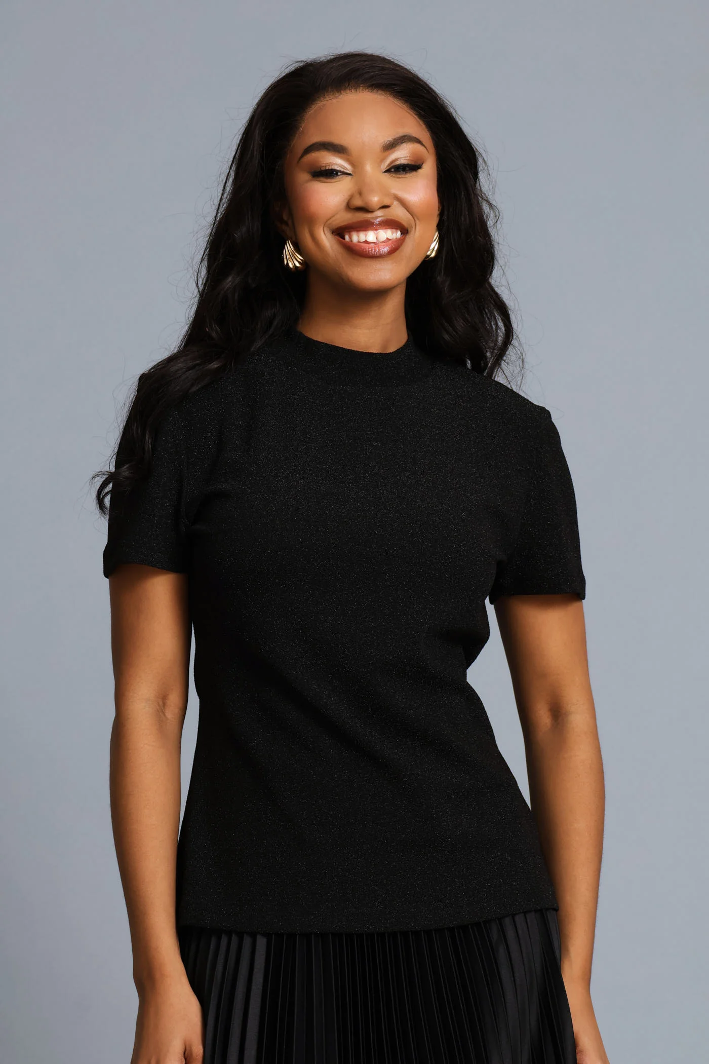 High Neck Shimmer Blouse - Black - Image 3