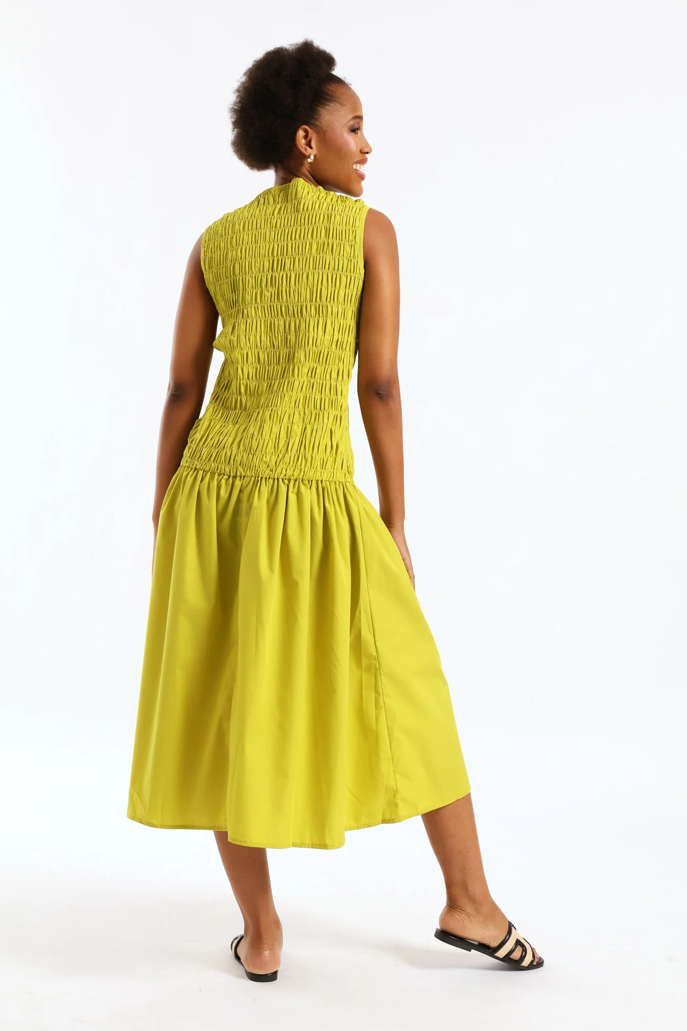 Hi-Neck Shirred Drop Waist Midaxi Dress - Chartreuse - Image 2