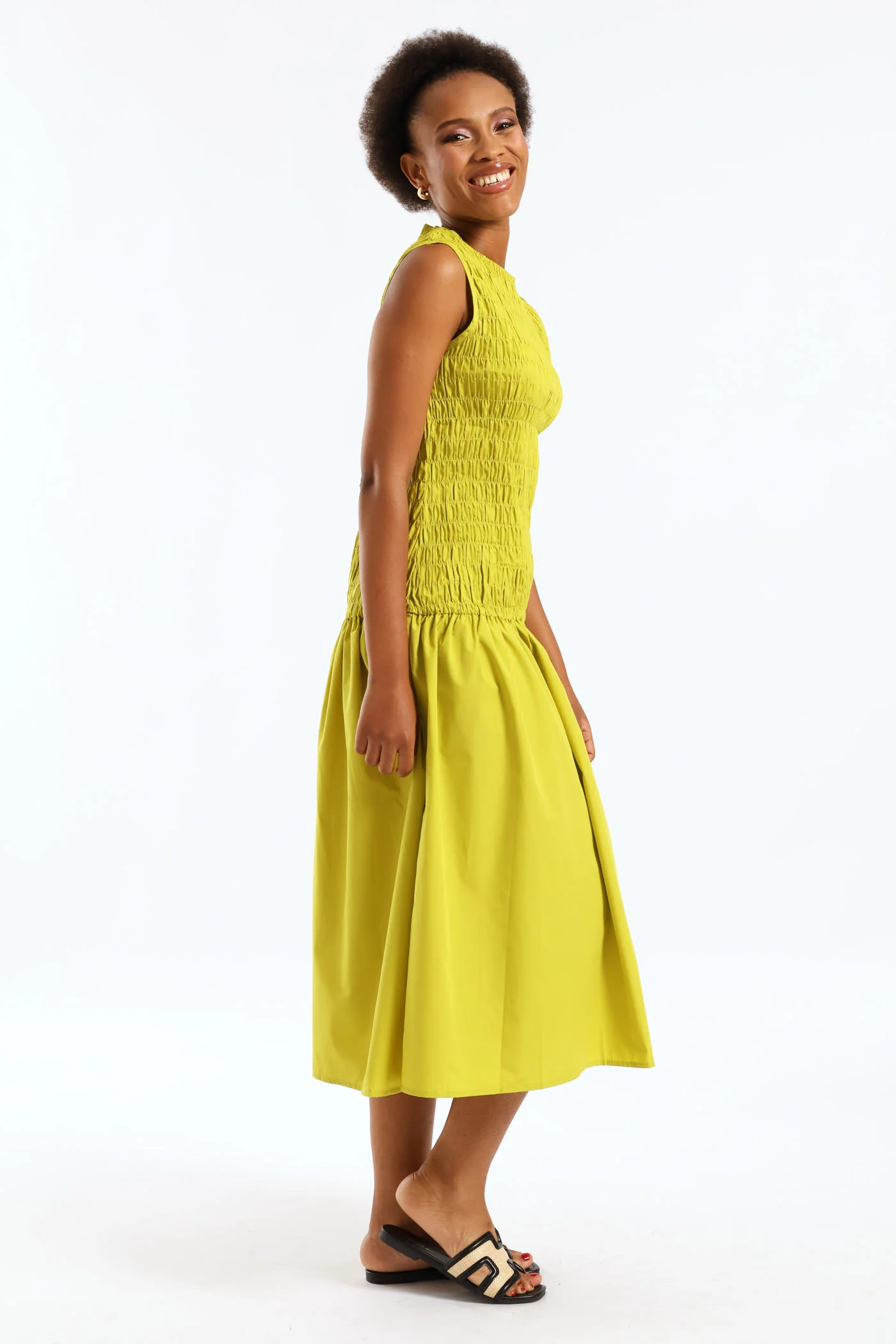 Hi-Neck Shirred Drop Waist Midaxi Dress - Chartreuse - Image 4