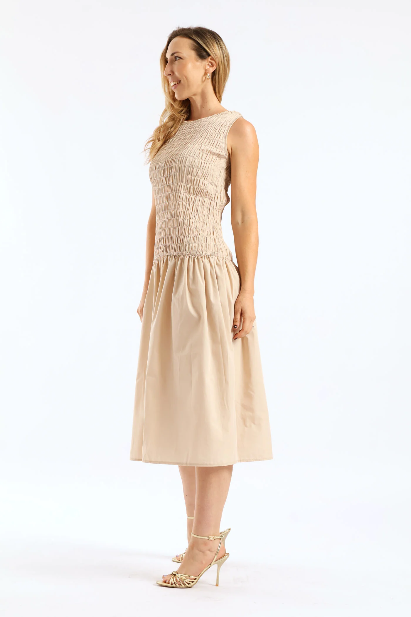 Hi-Neck Shirred Drop Waist Midaxi Dress - Light Stone - Image 3