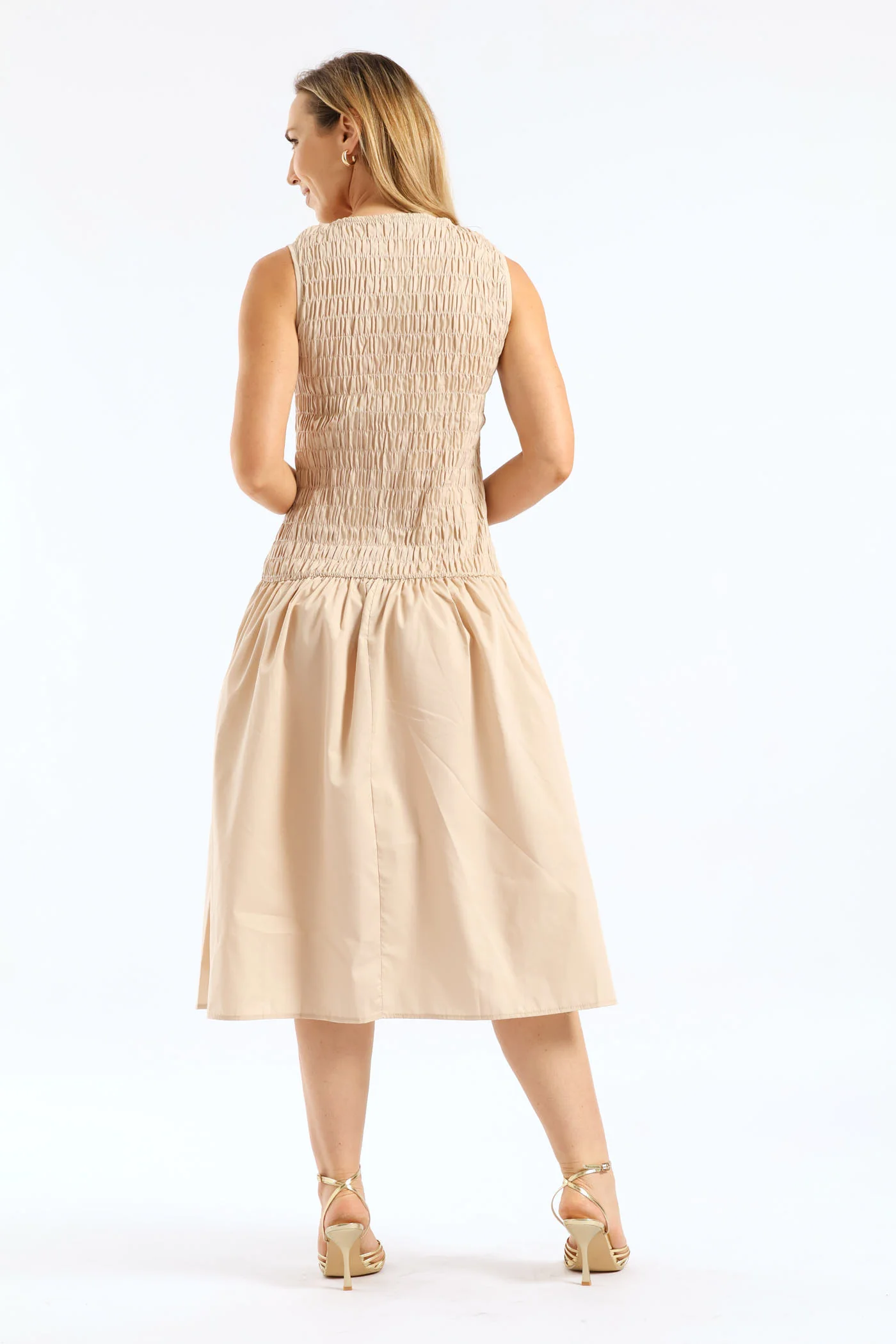 Hi-Neck Shirred Drop Waist Midaxi Dress - Light Stone - Image 4