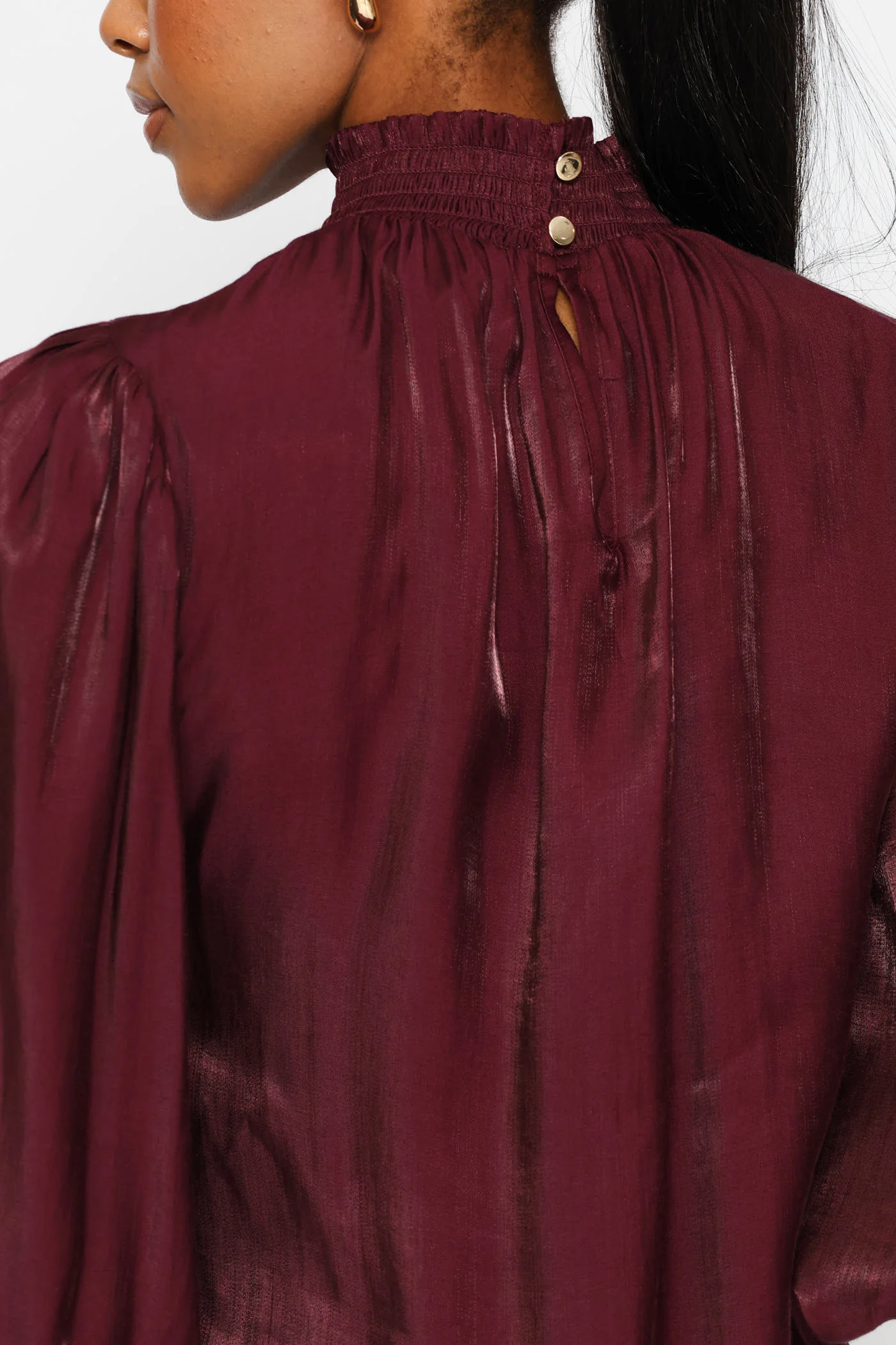 Hi-Neck Shirred Metallic Blouse - Plum - Image 2