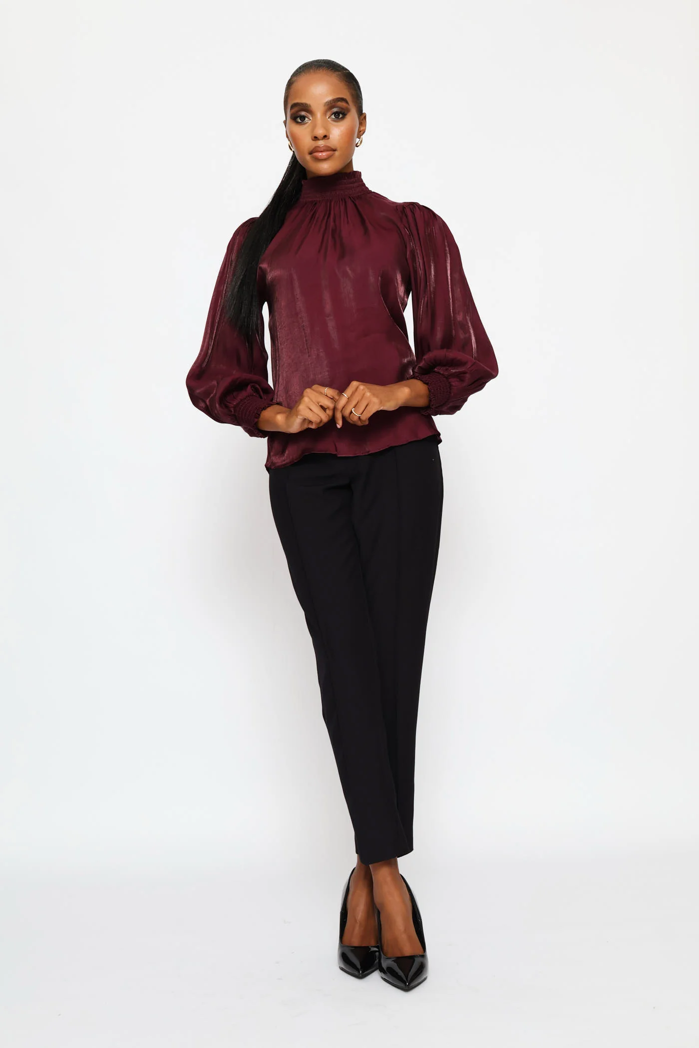 Hi-Neck Shirred Metallic Blouse - Plum - Image 3